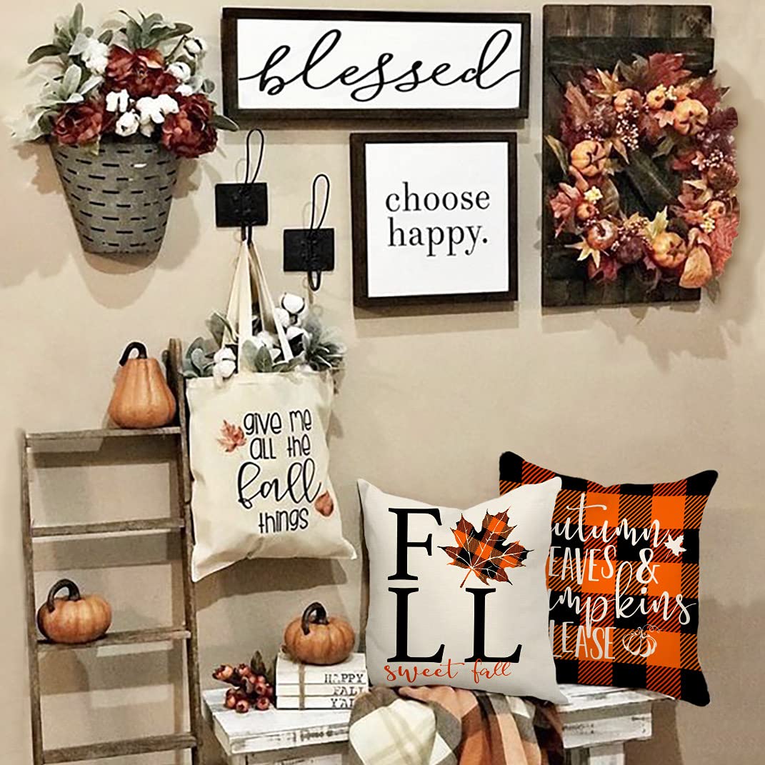 4TH Emotion Fall Decor Pillow Covers 18x18 Set of 4 Thanksgiving Buffalo Check Farmhouse Decorations Orange Black Pumpkin Maple Leaves Outdoor Decorative Throw Cushion Case for Home Couch TH025-18 4