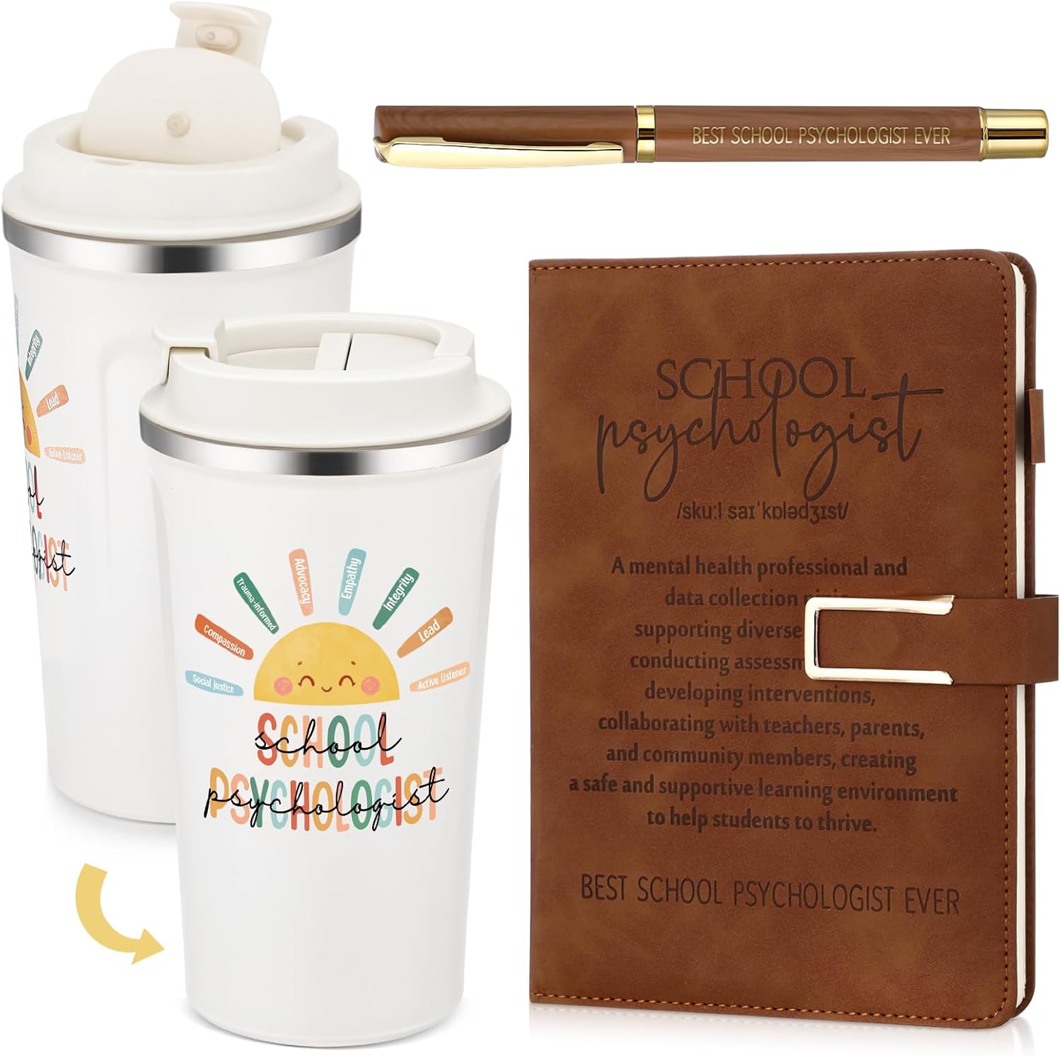 Pickmesh 3 Pcs School Psychologist Gifts Set 17 oz Coffee Tumbler with Brown Psychologist A5 Leather Journal and Pen Thank You Gifts for Psychiatrist Therapist Therapy Psychology Teacher