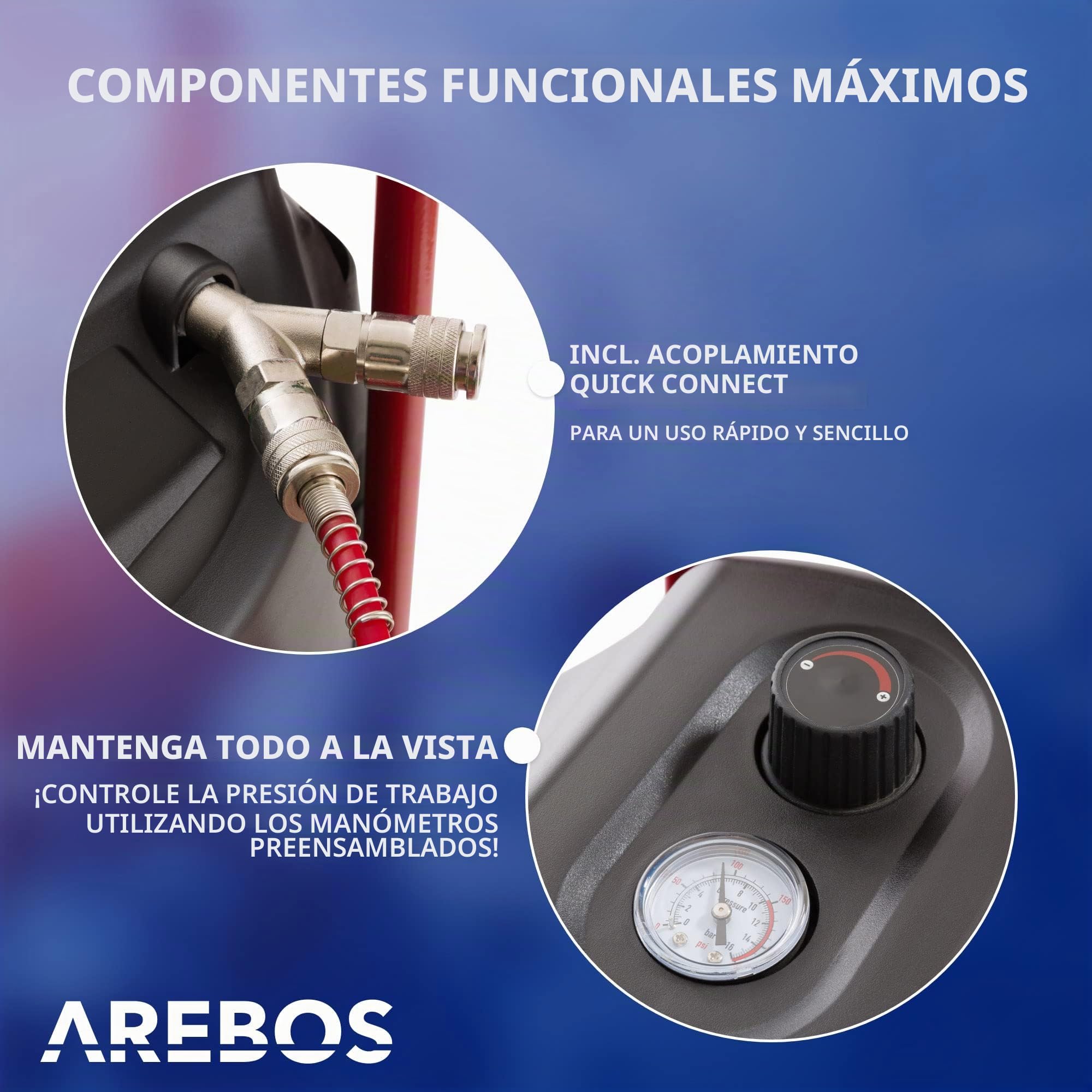 Arebos Compresor de aire comprimido |compresor de aire/compresor aire silencioso | Incluye 13 accesorios | Bajo mantenimiento | Apagado automático | Capacidad: 50 l, 30 l o 6 l (50 litros)