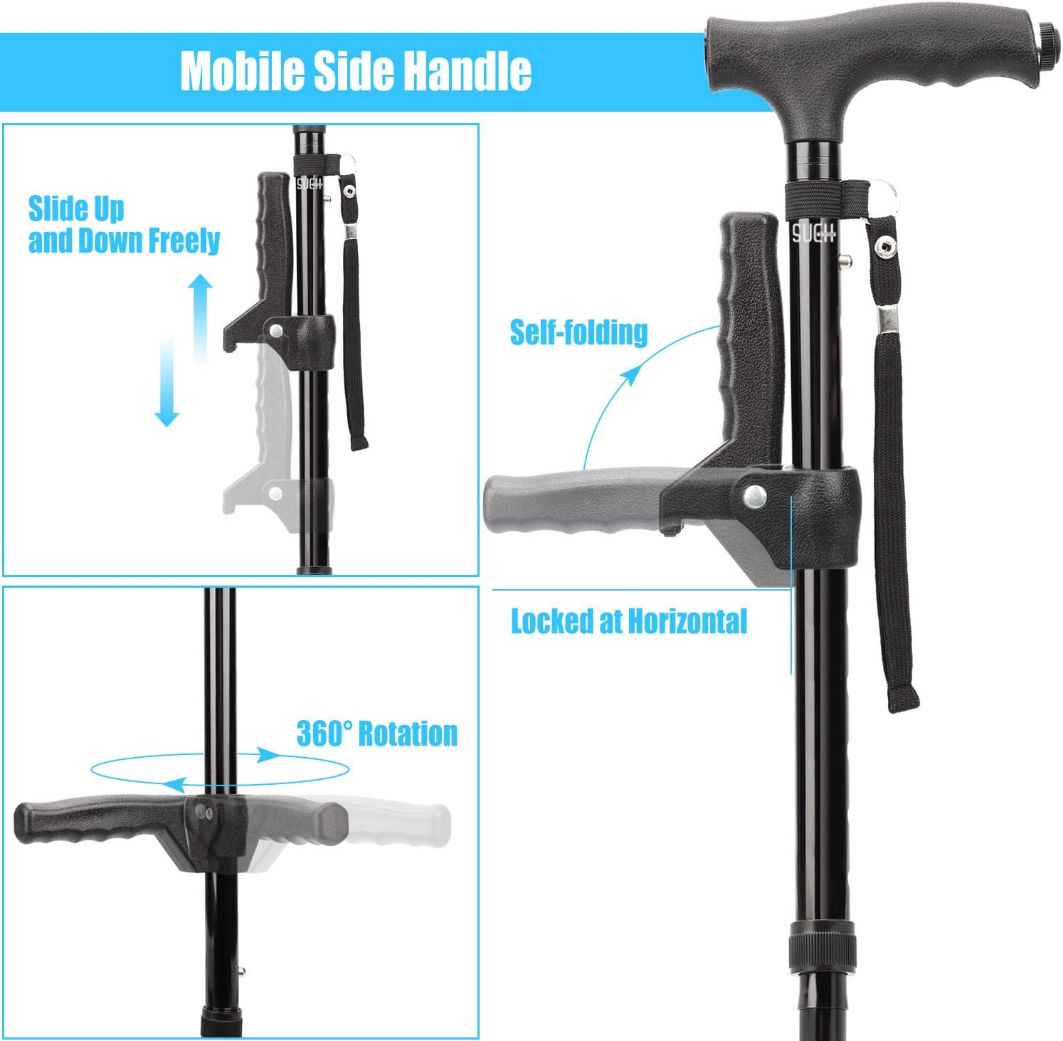 Black Friday Clearance SUEH DESIGN Foldable Walking Cane for Men and Women with LED Light and 11 Adjustable Heights | Collapsible and Portable Elderly Walking Stick with Folding Side Handle, Black