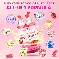 Vista 3 de Gomitas de mio-inositol y D-Chiro inositol, suplemento ideal de proporción 40:1 para mujeres, 2000 mg 50 mg con vitamina D3 B12 para el equilibrio