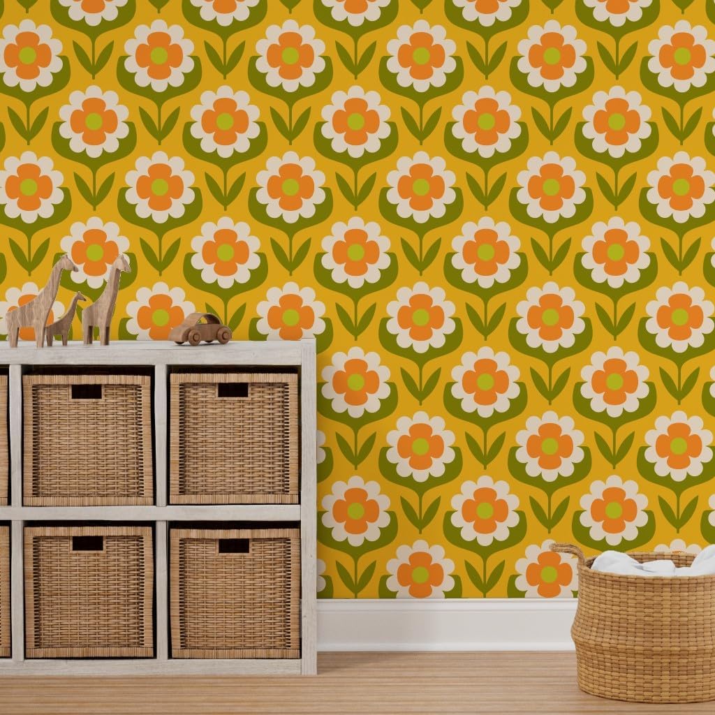 Peel & Stick Wallpaper 6ft x 2ft - Retro Floral Groovy Mid Mod Boho Bohemian MCM Midcentury Modern 1960S 1970S Yellow Green Orange Custom Removable Wallpaper by Spoonflower