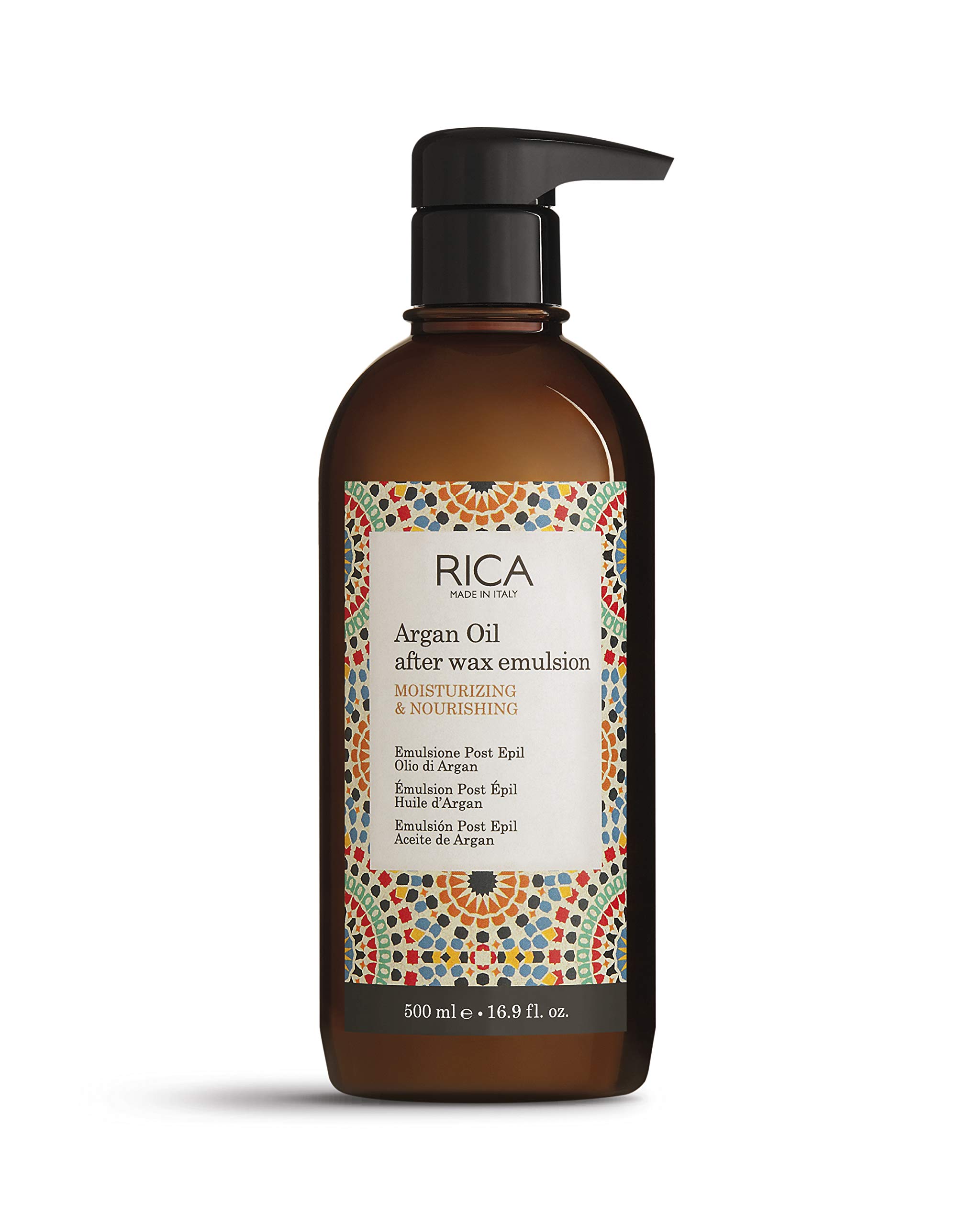 RICA | Argan Oil After Wax Emulsion 500 ml Post-Epilazione con Vitamina E e Fitosteroli | Idratante, Lenitiva ed Elasticizzante | Rimuove i Residui di Cera | Senza Parabeni e Coloranti | Made in Italy