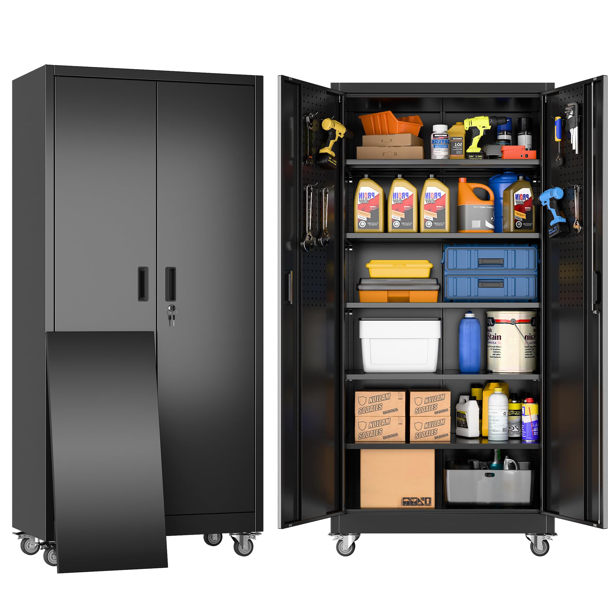 Metal Garage Storage Cabinet with Wheels and Pegboard 71'' x 34'' x 18'', Lockable Rolling Steel Cabinet with 5 Adjustable Shelves and Door for Garage, Office, Kitchen, Assembly Required(Black)Recycled Claim Standard 100