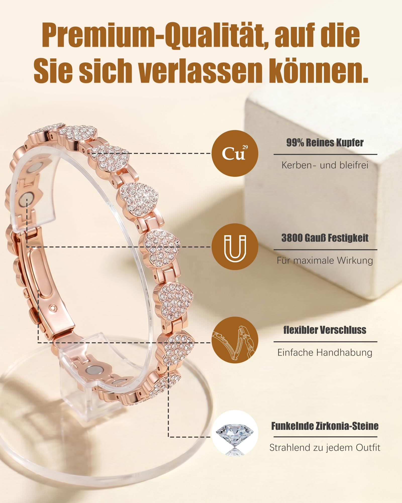 Jeracol Kupferarmband Damen, Magnetarmband mit 3500 gauss Magneten pro Glied und Kristallen, 99% reines Kupfer