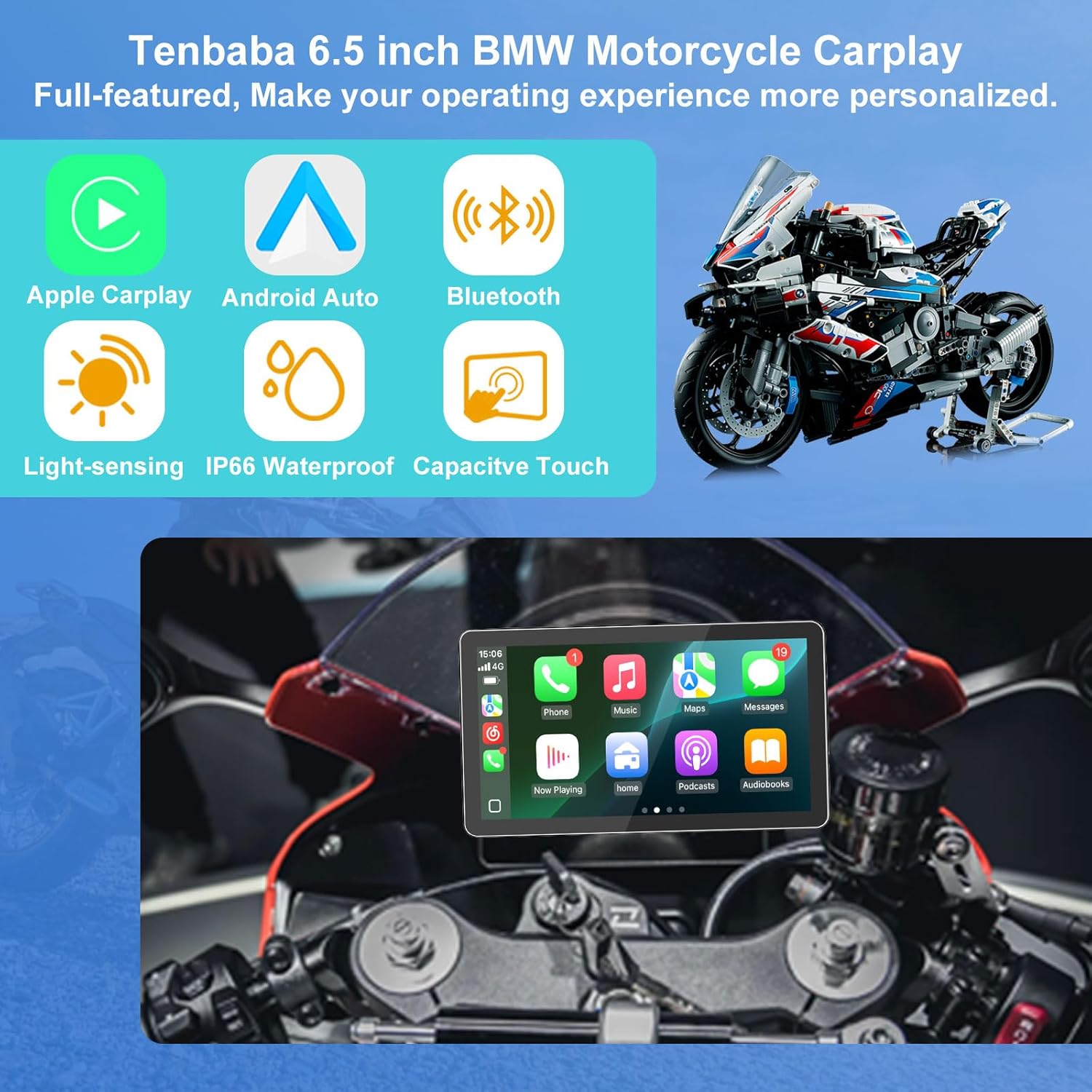 MT-A6 6.5" Motorcycle Carplay Screen for BMW R1200GS R1250GS S1000XR, Motorcycle GPS, IP67 Waterproof Touchscreen, Portable Carplay/Android Auto GPS Navigation for Motorbike, Bluetooth, Siri