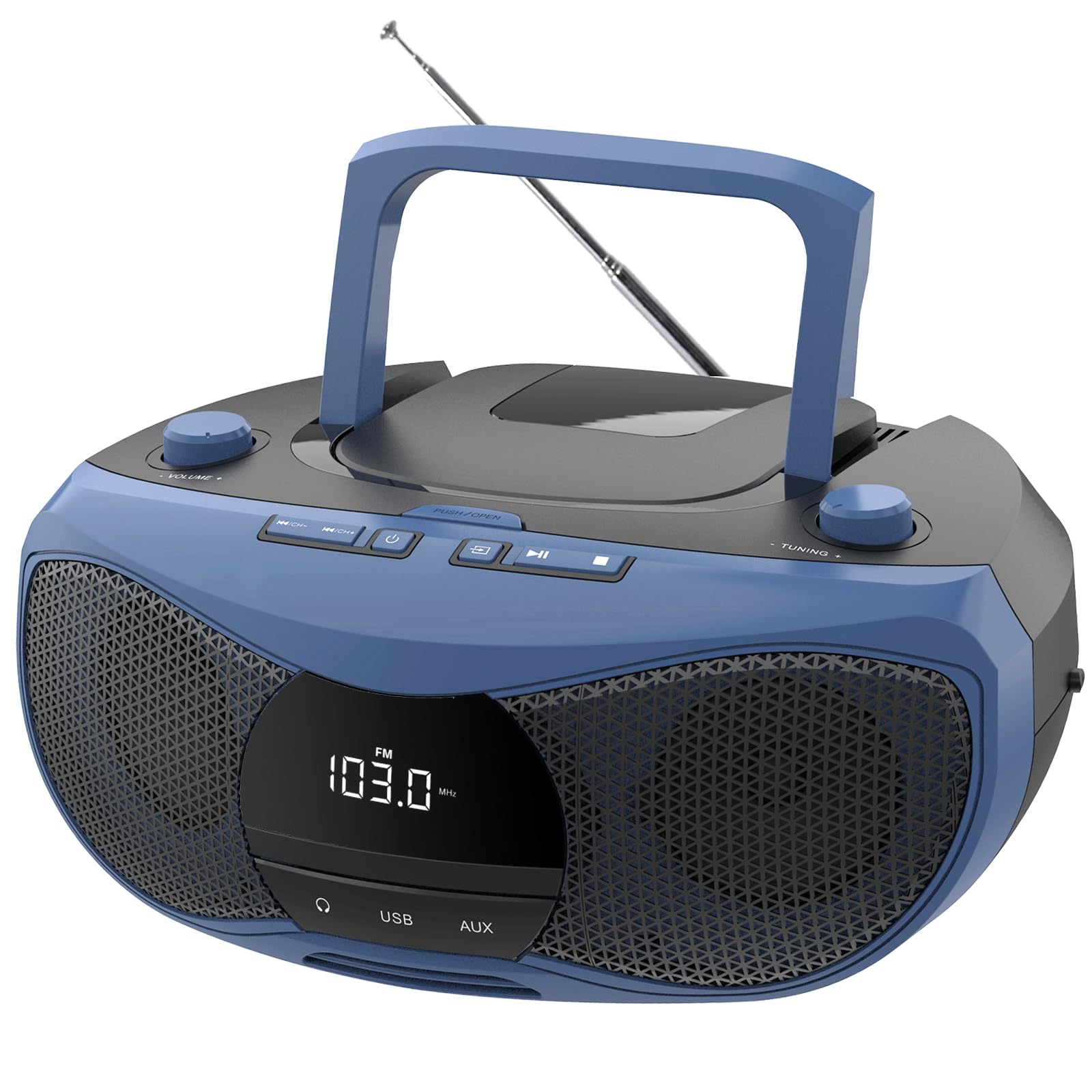 Portable CD Player Boombox Stereo Sounds | Bluetooth 5.3 | FM Radio Turn Knob | Auto Lid Open Button | Big LCD Display | Concealed Ports of USB/AUX/Earphone | Rear Power Protection Button