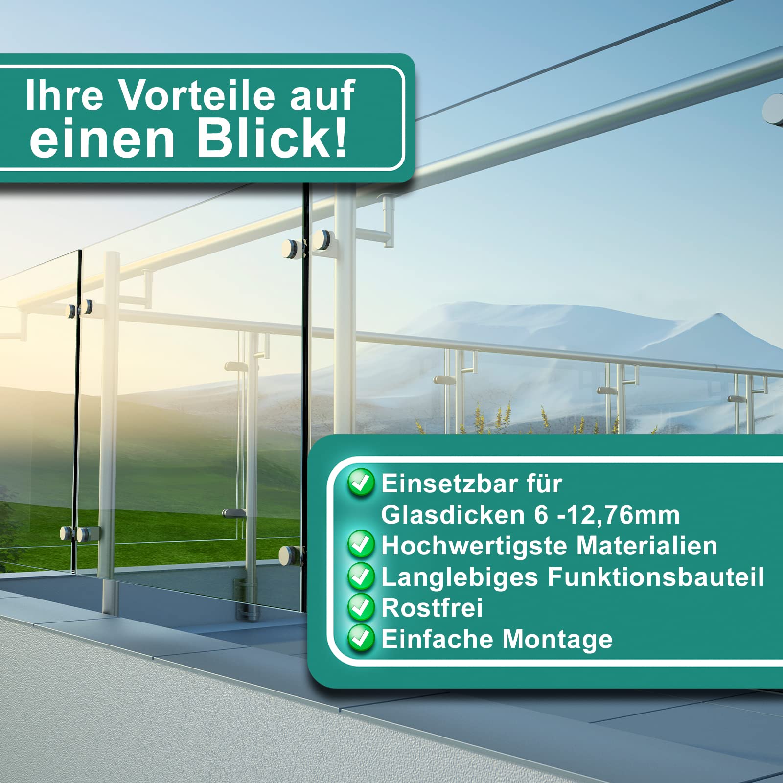 PRIOstahl Glaspunkthalter Punkthalter Glashalter x 8 Halter mit M8 Schraube + Gummieinlagen für Glas 6mm bis 12,76mm Anschluss Ø 42,4mm für Glasscheiben Plexiglas Balkon Geländer aus Edelstahl V2A