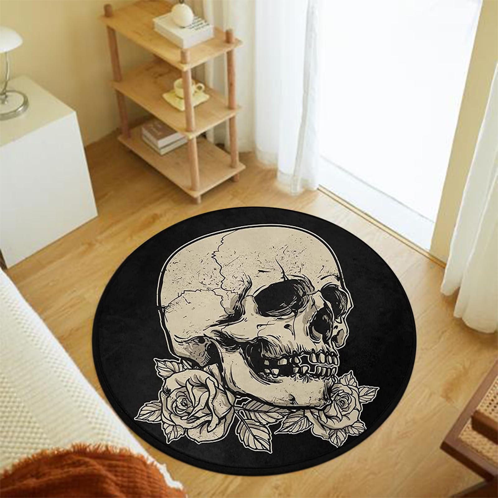 AevuCub Gothic Teppich Rund 60cm - Totenkopf Rabe Kurzflor Waschbar