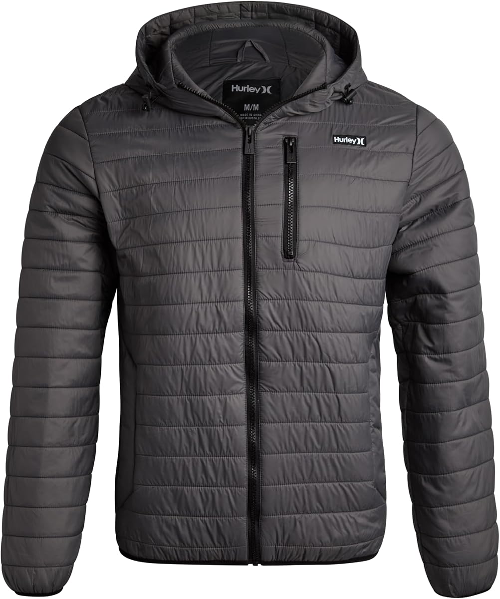 Hurley Chaqueta acolchada para hombre Abrigo de invierno ligero y plegable con aislamiento acolchado | Carcasa resistente a la intemperie que se pliega en su propio bolsillo, relleno cálido, cremallera frontal con cuello alto, capa exterior versátil para hombres