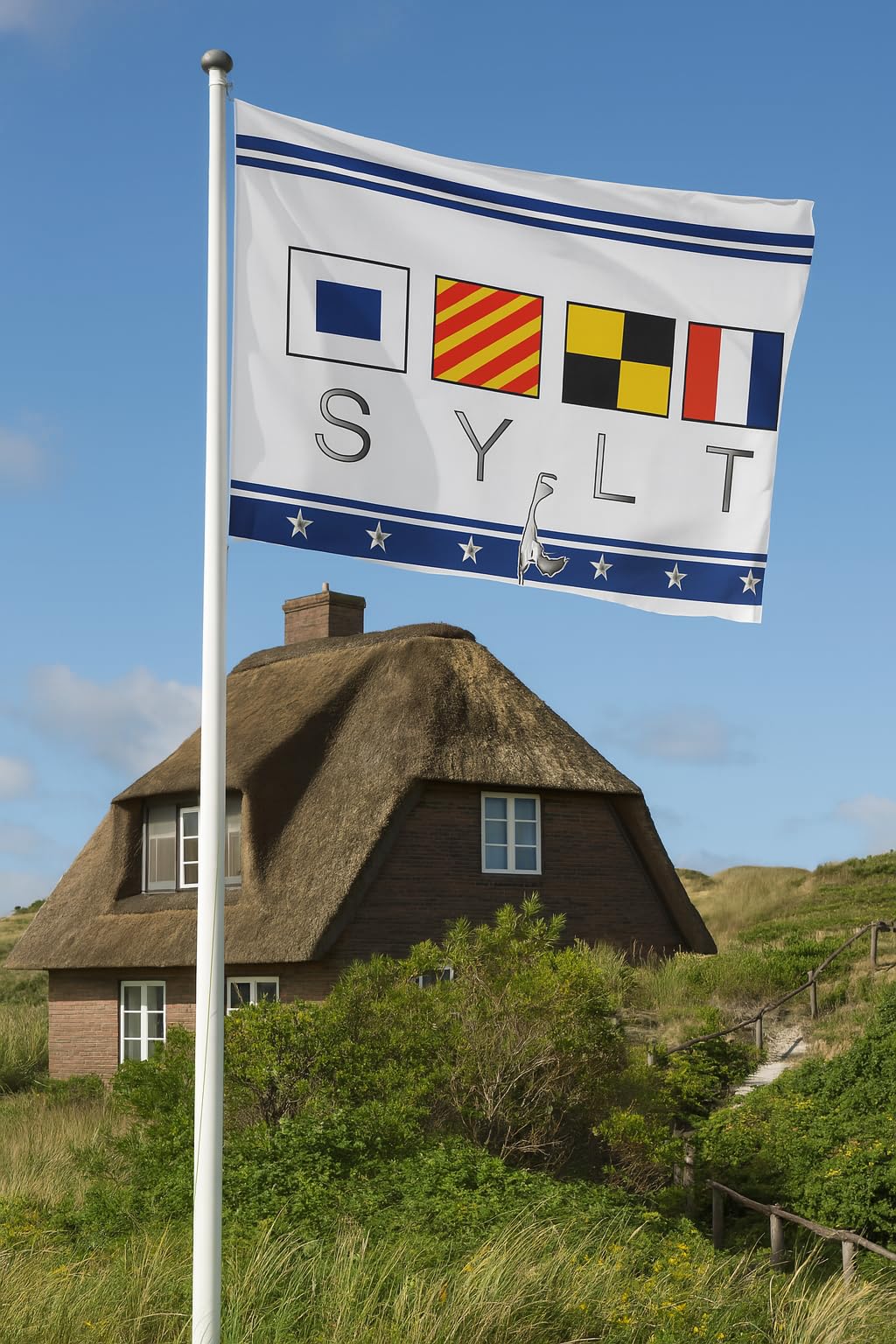Flaga Sylt – morskie wzornictwo z flagami sygnalizacyjnymi i sylwetką wyspy, ultra chusta na flagę statku/150 x 90 cm