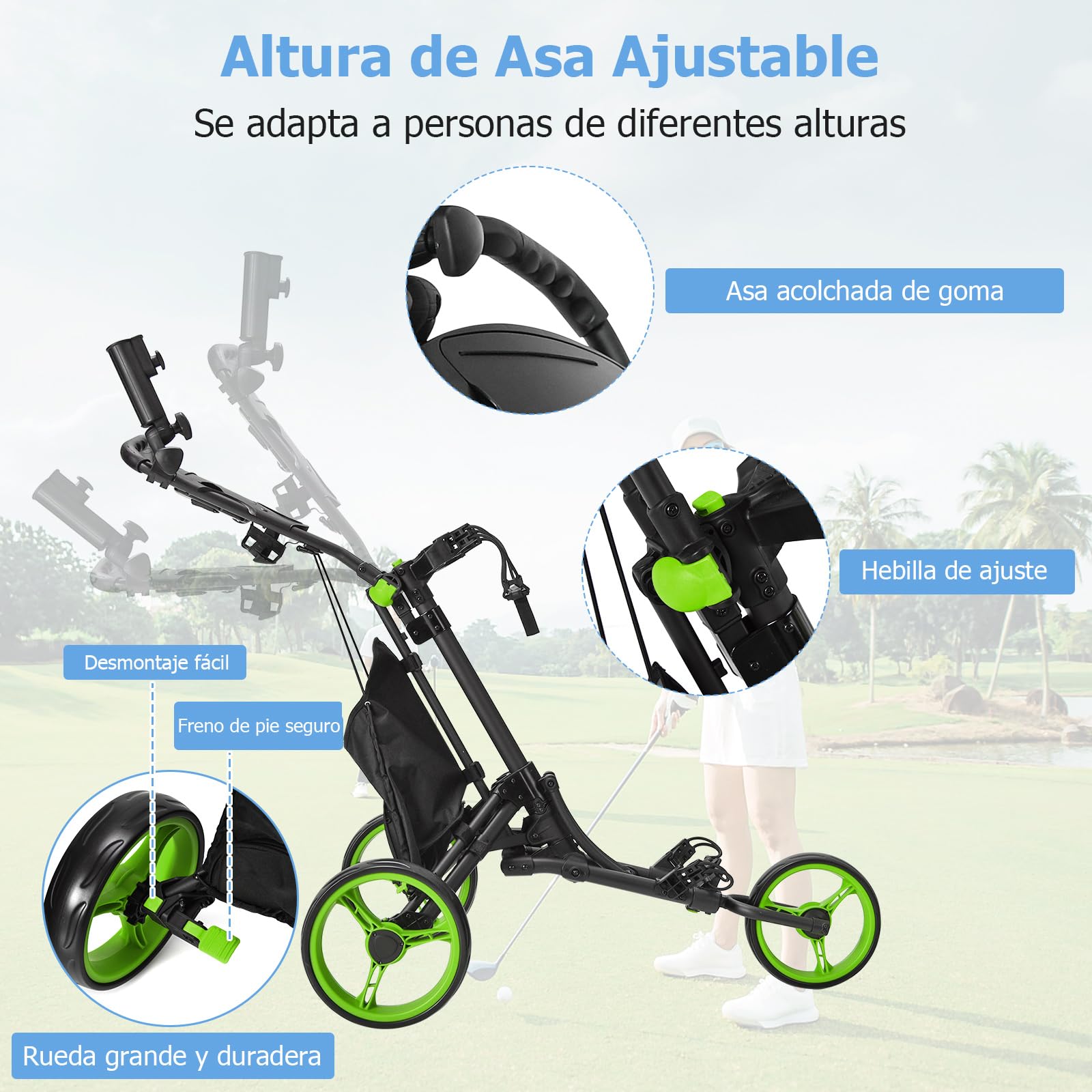 COSTWAY Carro de Golf Plegable 3 Ruedas con Bolsa Aluminio, Paraguas Regulable y Portavaso