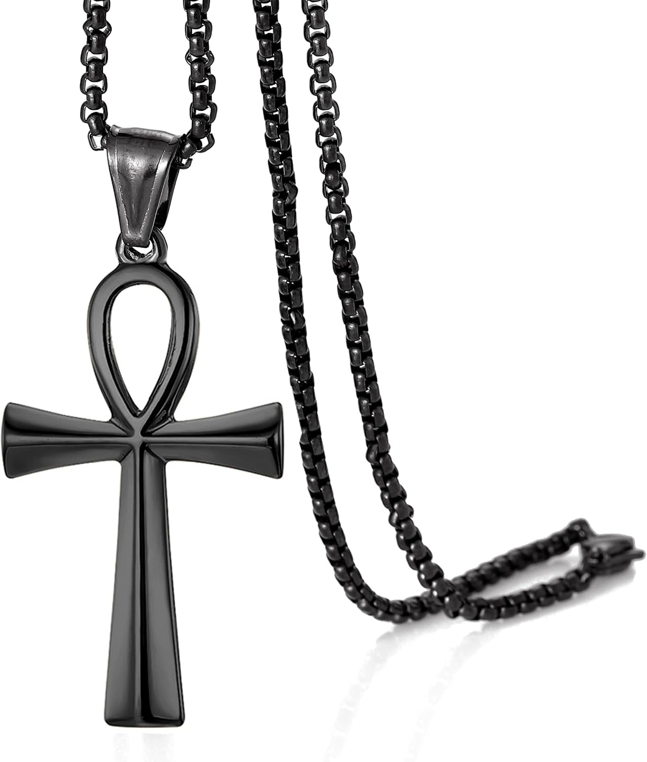 Ankh Cross Pendant Necklace for Womens Mens Gold Black Silver Tone Stainless Steel Rolo Curb Chain-