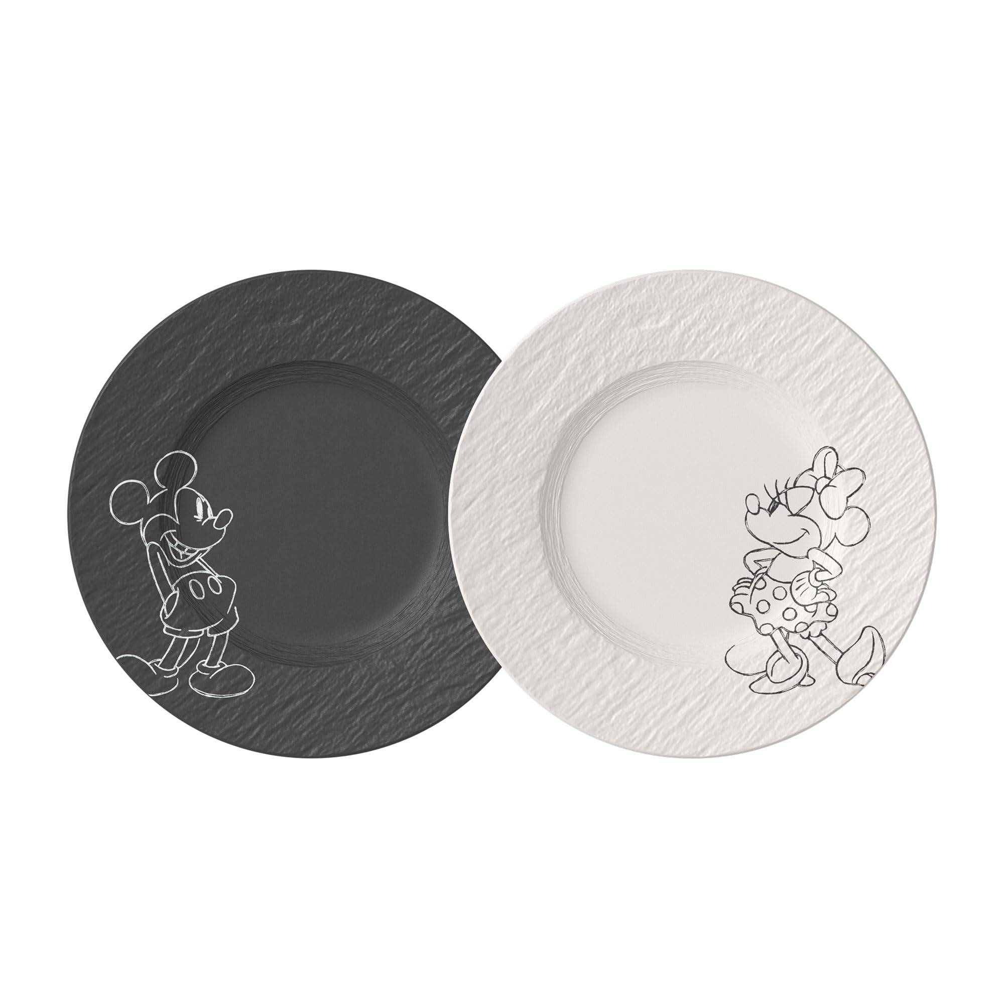 Villeroy & Boch Manufacture Rock – Mickey Mouse – Frühstücks-/ Dessertteller, 2-teilig, schwarz/weiß, spülmaschinenfest & mikrowellensicher, Schieferoptik mit Mickey Mouse Dekor, Premium Porzellan