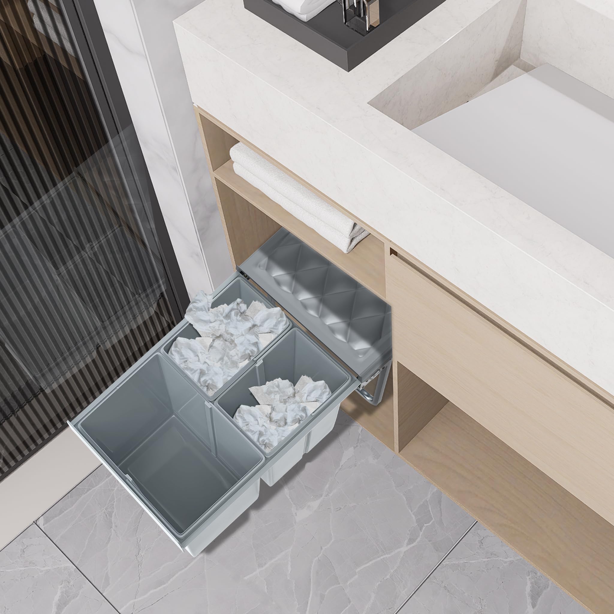 FIVMEN Einbaumülleimer Küche 3 Fächer Ausziehbar Mülleimer Abfalleimer Küche Unterschrank mit Teleskopschienen Küchenmülleimer Einbau Mülltrennsystem Grau, 1x20L+2x10L