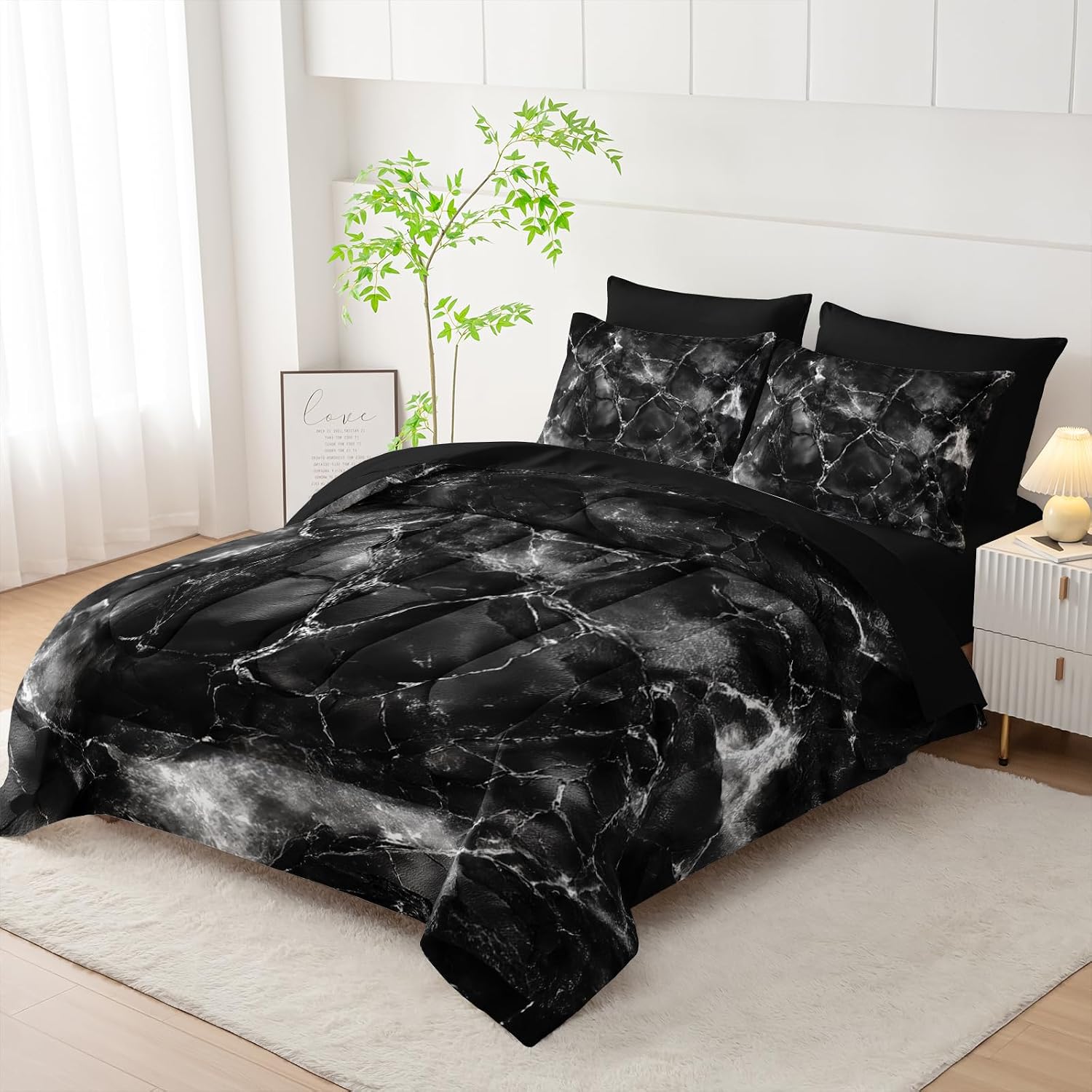 Nttopship Black and White Comforter Set Twin Size 7Pieces,3D Abstract Mordern Black and White Printed Bedding Set for Adults,Mordern Room Decor All Seasons with Pillowcases,Flat, Fitted Sheet image 3