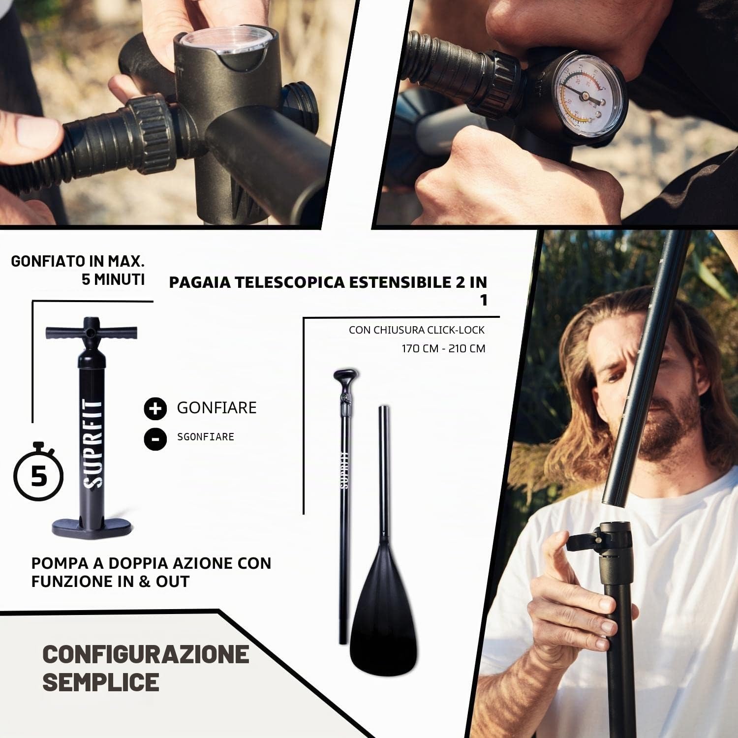 Suprfit Stand Up Paddling, tavola da SUP come set completo gonfiabile, tavola con doppio strato in PVC, paddle Stand Up Paddling, Stand Up Paddleboard - 330 x 78 x 15 cm fino a un massimo di 130 kg