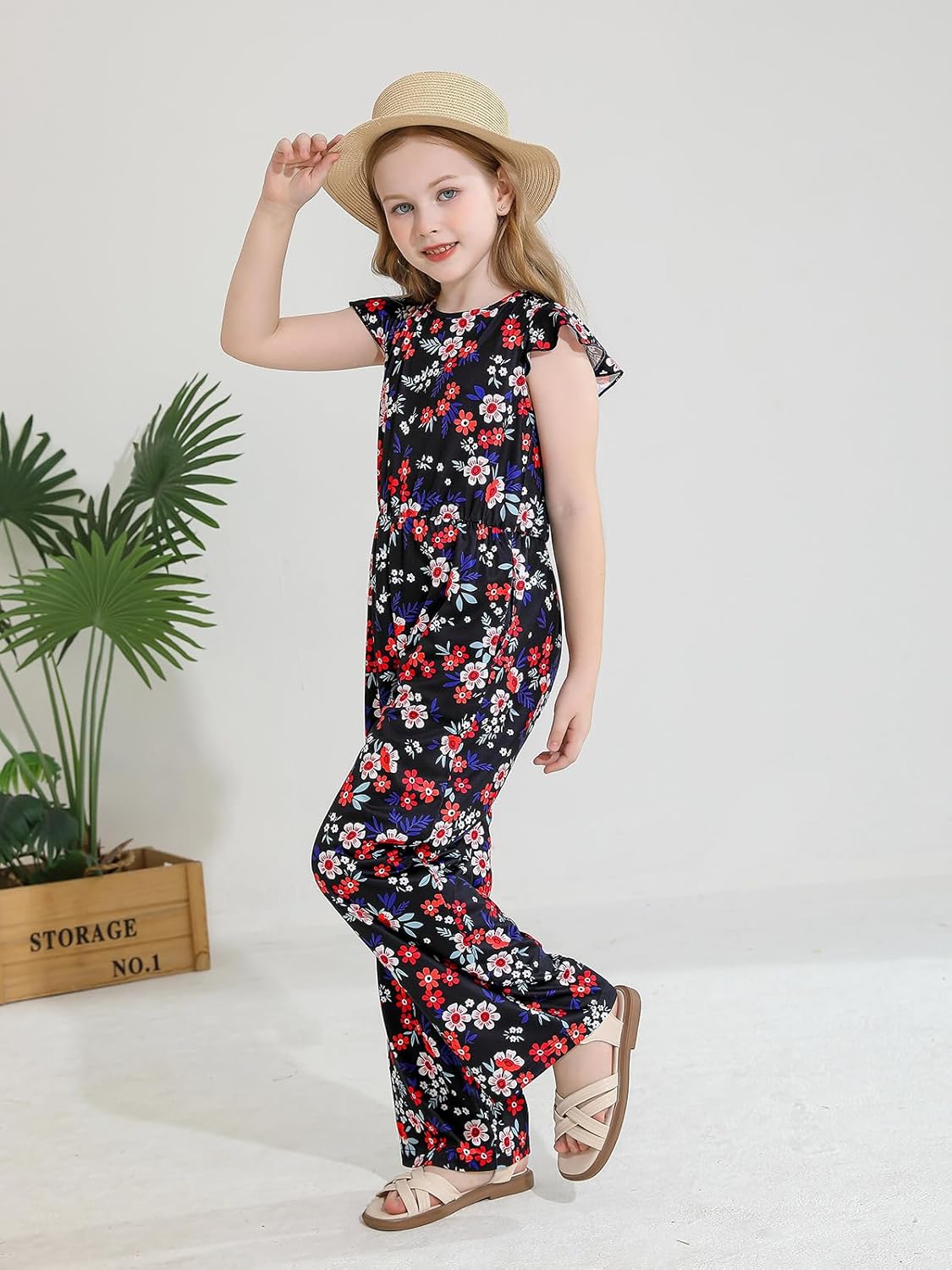 Haloumoning Girls Floral Jumpsuit Kids Fashion Ruffle Cap Sleeve Wide Leg Romper One Piece Outfits with Pockets - Image 4