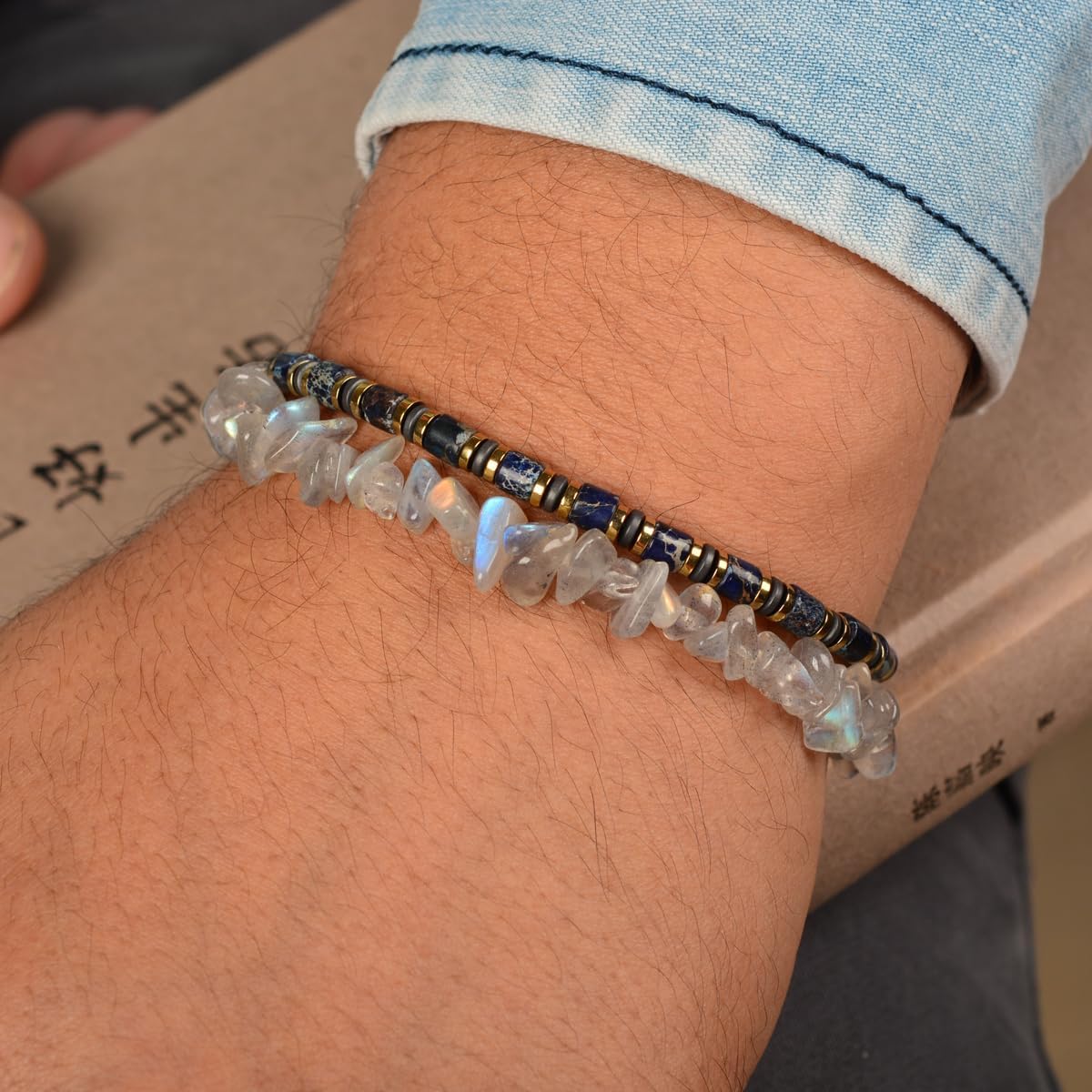 Men's Gray Labradorite Chip Beaded Bracelet, Stainless Steel Dual-Clasp, Adjustable, Durable Stone Jewelry, Ideal Gift for Men Dad Boyfriend Son Husband