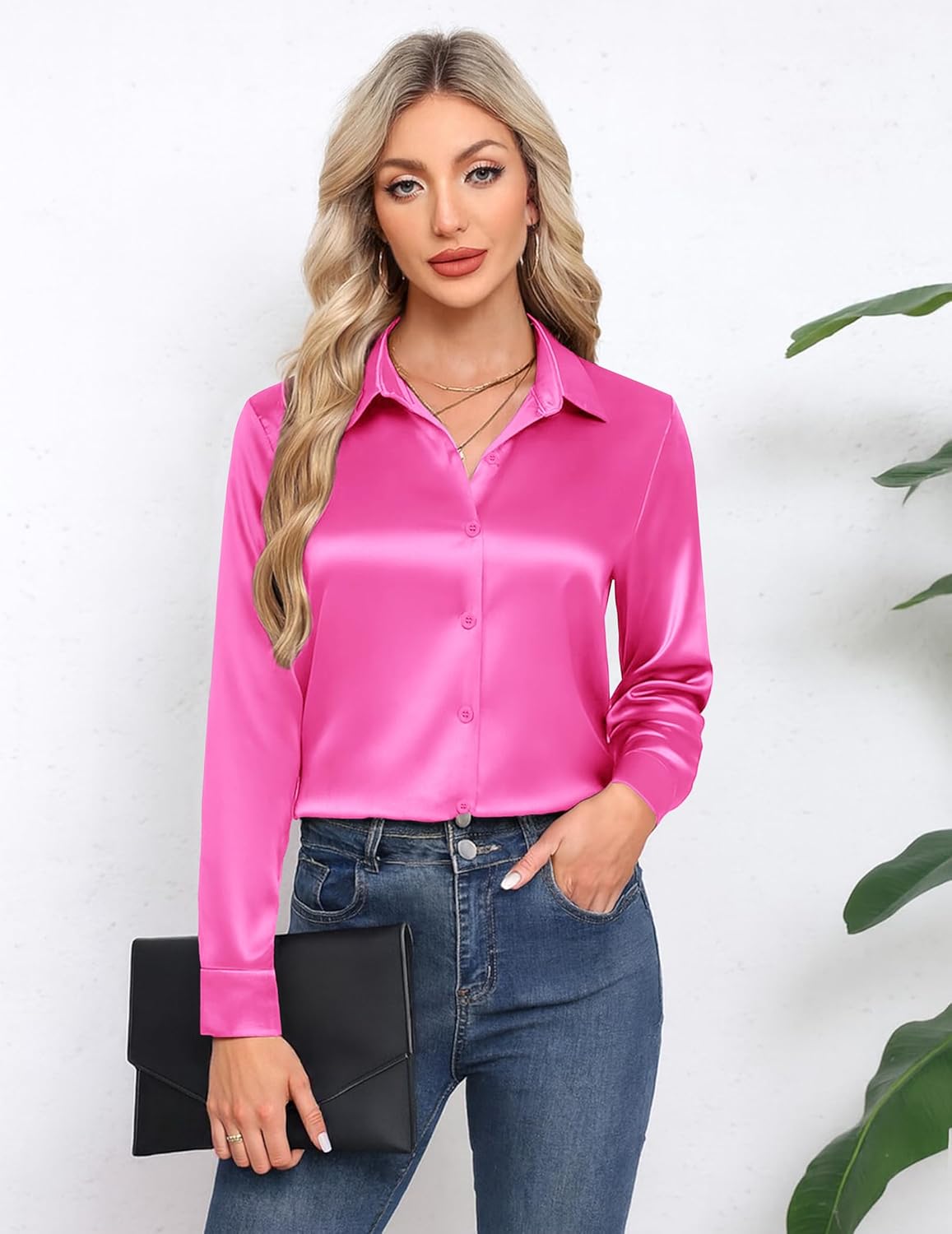 HOTOUCH Button Down Shirts for Women Satin Silk Collared Dressy Casual Blouses Loose Long Sleeve Office Work Tops - Image 8