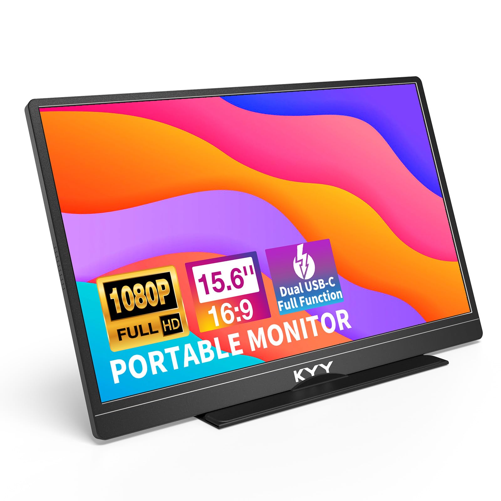 KYY 15.6inch FHD 1080P Laptop Monitor USB C HDMI Gaming Ultra-Slim IPS Display Cover & Speakers, External Monitor for Laptop PC Phone Mac