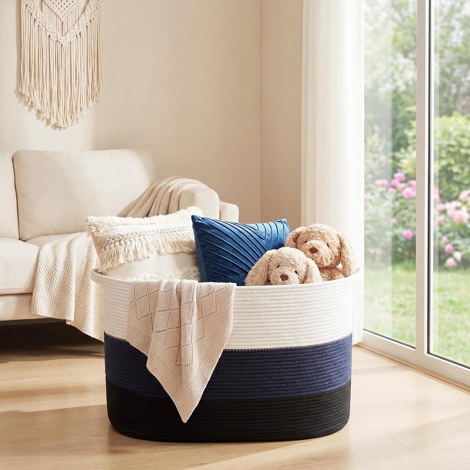 125l Jumbo Blanket Basket for Living Room, 25"x18"x17" XXXXL Cotton Rope Storage Basket with Handles, Extra Large Woven Laundry Hamper for Living Room, Nursery(White, Dark Blue,Black)