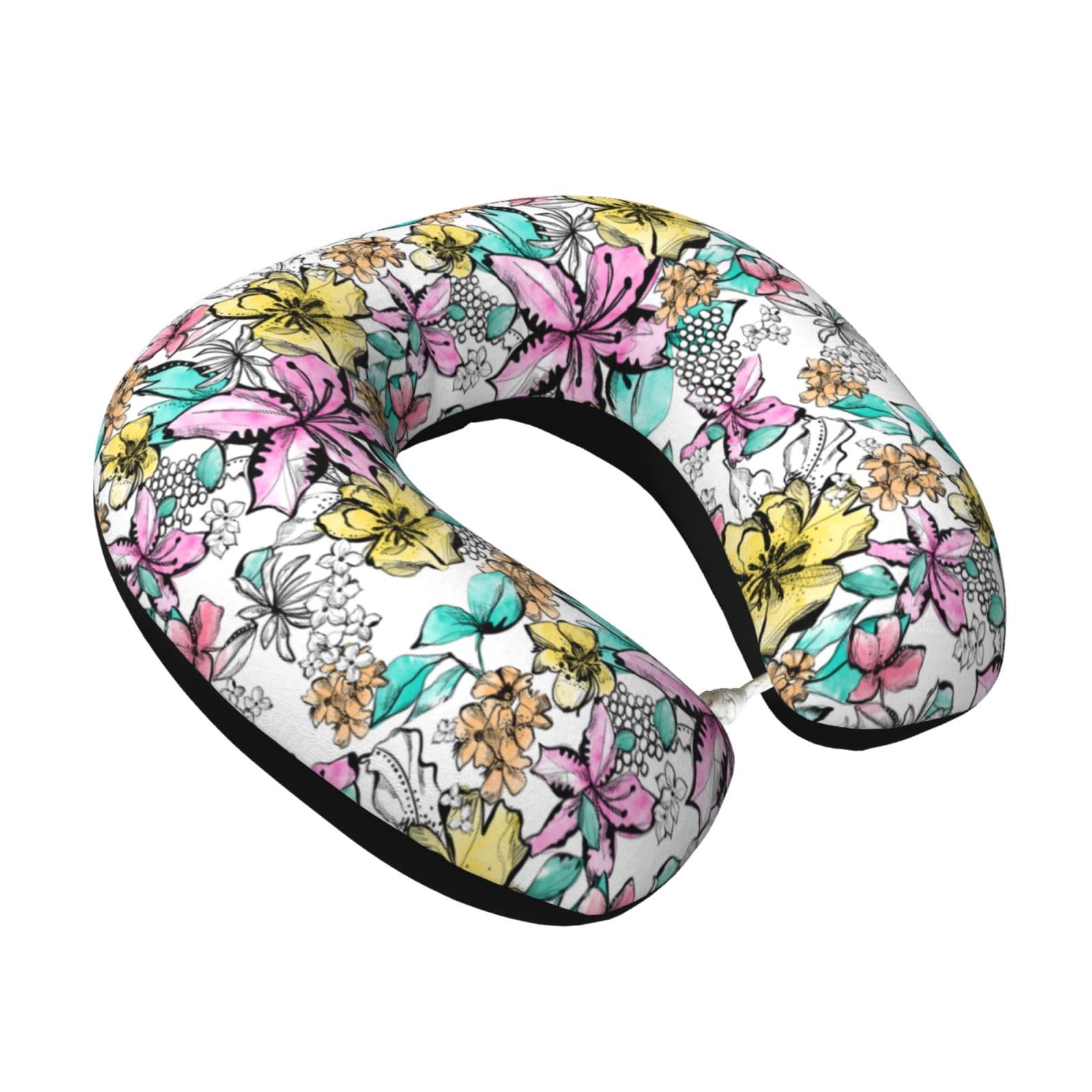 LKYMOH Watercolor Floral Print, Travel Neck Pillow U-Shaped Memory Neck Support Soft Comfortable With Washable Cover For Airplane Car Traveling and Office