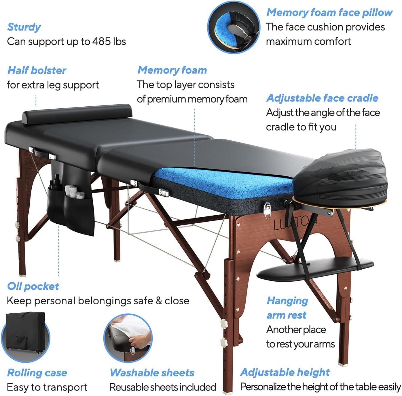 Luxton Home Premium Memory Foam Massage Table - Rolling Travel Case, Washable Sheets, Thicker & Wider