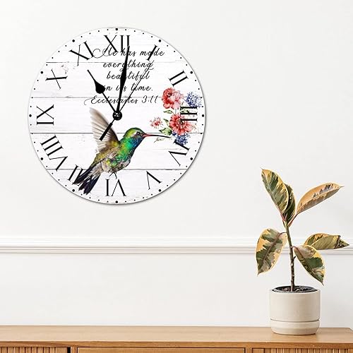 Miniatura 214 de ArogGeld He Made Everything Beautiful - Reloj de pared de PVC con flores rosadas, colibrí, reloj de pared grande con cita y números romanos, reloj