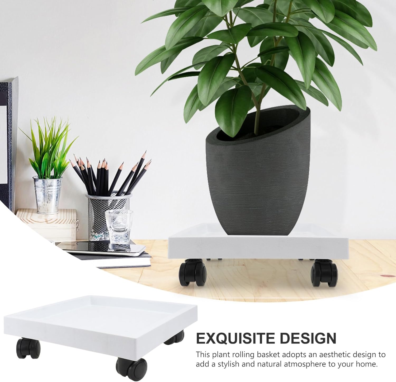 Cabilock Resin Plant Stand Tray Square Rolling Plant with Wheels Heavy Duty Plants Trolley Coaster for Garden Home Indoor Outdoor 29cm (White)