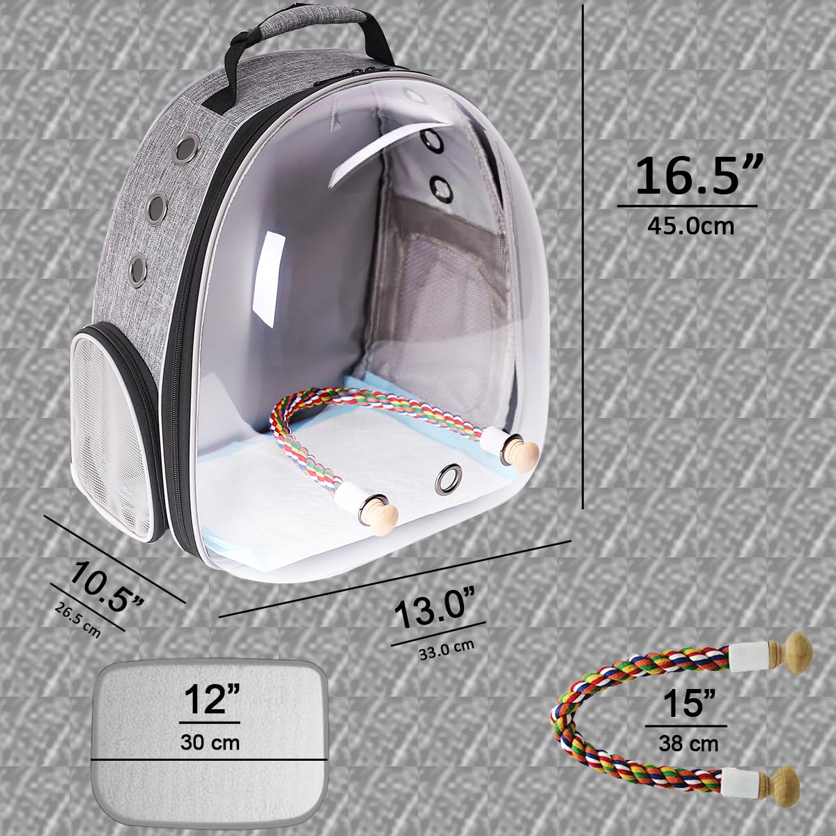 Mochila transportadora de aves Interfashioner®, mochila transportadora de pájaros de burbujas con almohadilla absorbente y percha de pie (Gris Pluma)