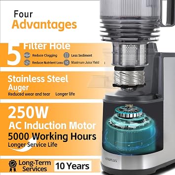 VITAPLUS Cold Press Juicer with Stainless Steel Auger, Lab-Certified Food-Safe, AC Motor, 5.8 Whole-Fruit Chute, High Juice Yield Slow Masticating Juicer for Juice & Nut Milk, BPA-Free, Easy Clean