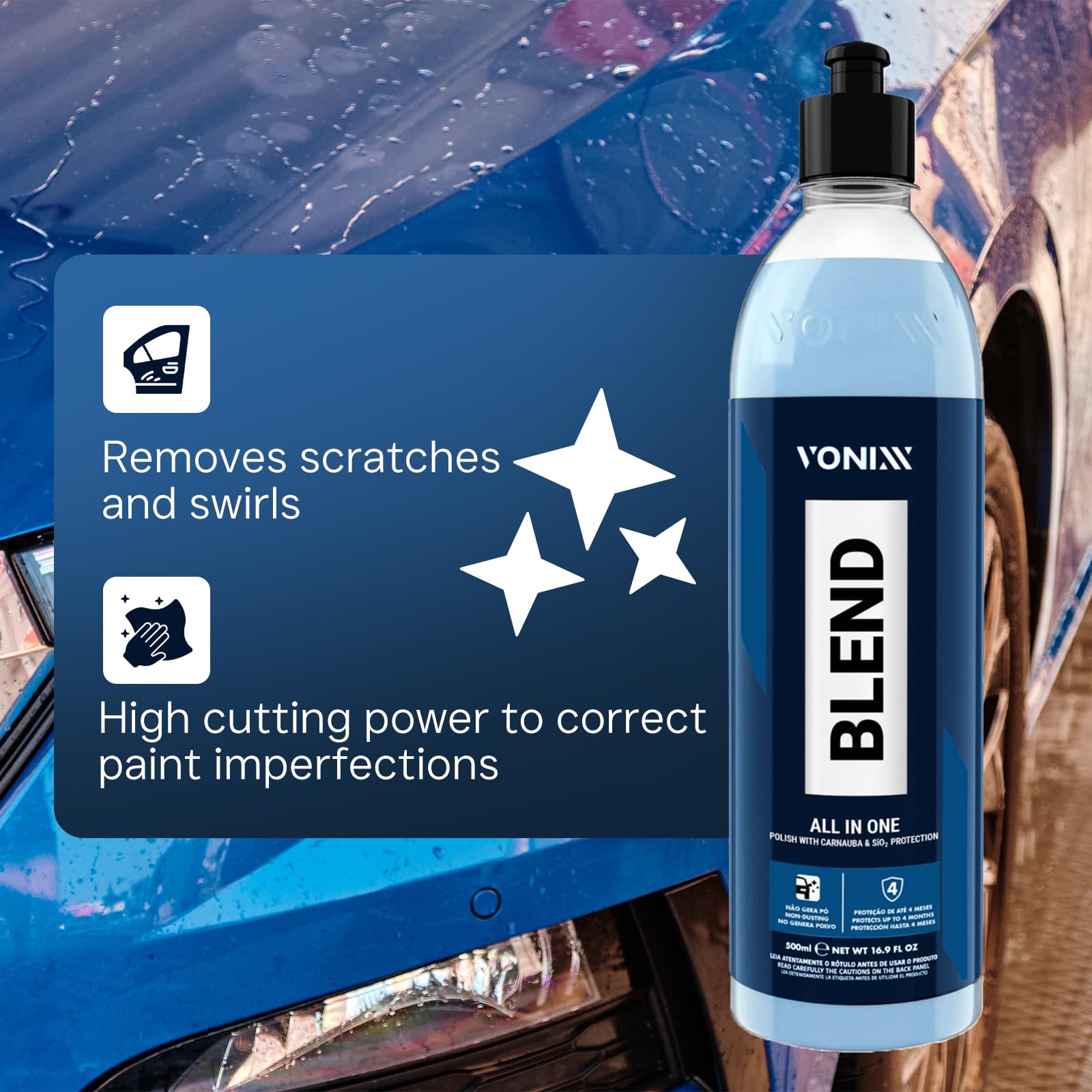 Blend all in one 500ML | Pulido y protección en un solo paso | Etapa única con protección | El brillo de la cera de carnauba y la resistencia cerámica del SiO2 | Repelencia al agua