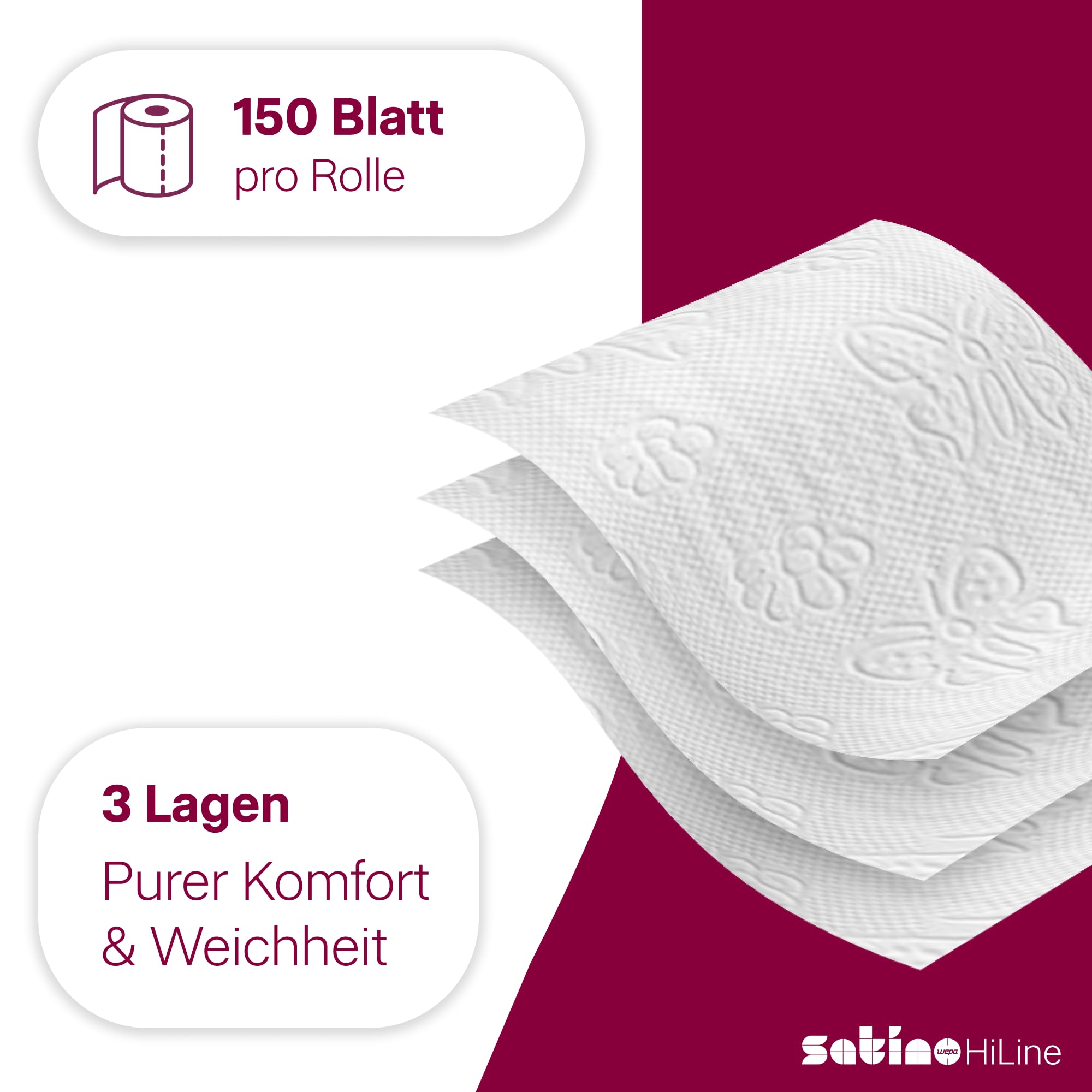 128 Rollen Toilettenpapier 3-lagig – aus 100% Zellstoff - Made in Germany - 16 Packs á 8 Rollen á 150 Blatt – für Zuhause, Hotels, Gastronomie, Gewerbe, Industrie - Satino