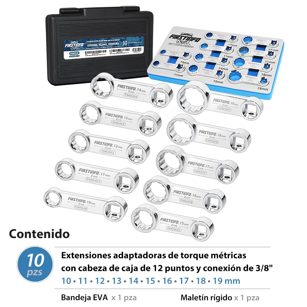 FIRSTINFO F3451A Juego de adaptadores de par métricos de 12 puntos con boca de estrella accionamiento de 3/8 pulgadas 10 piezas en acero cromo vanadio con bandeja de espuma EVA y estuche de transporte