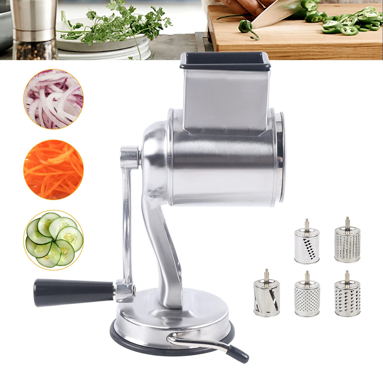 Râpe à tambour manuelle en acier inoxydable - Coupe-légumes manuel - Râpe à légumes - Avec 5 lames rondes en acier inoxydable et pied ventouse - Convient pour légumes, fruits, carottes, noix, etc