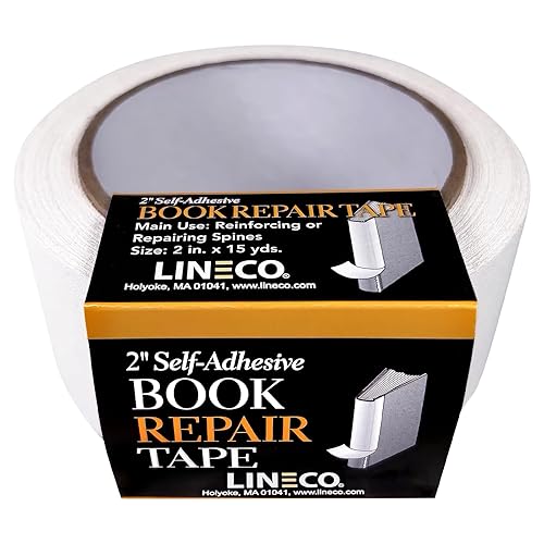 Lineco, Cinta adhesiva de reparación de libros para lomo de libro, folletos, páginas de papel, no amarillea, fuerte, adhesivo acrílico de pH neutro,