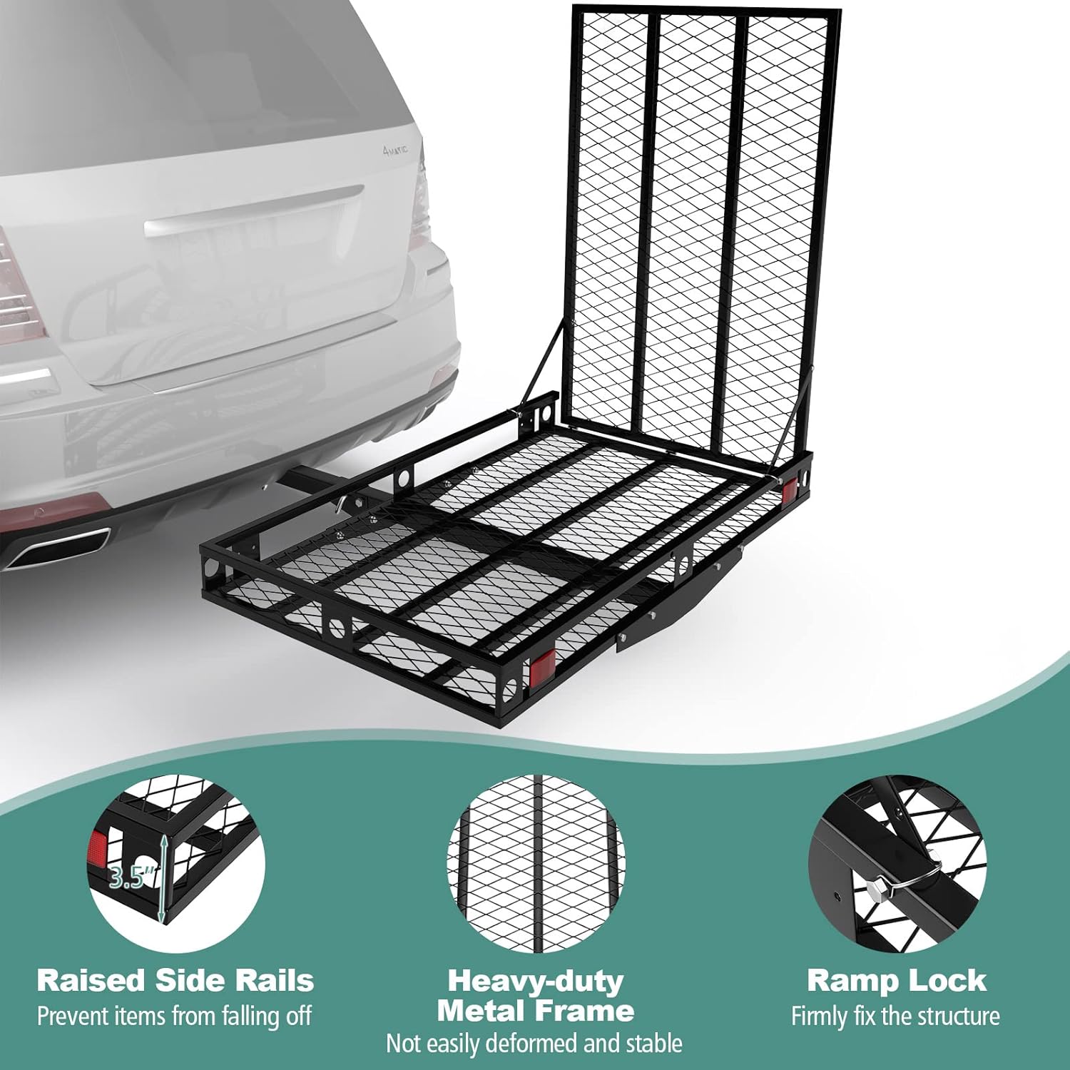 SAFSTAR Hitch Mount Cargo Carrier, 500 LBS Heavy-Duty Hitch Cargo Trailer W/Mobility Ramp, 2 Tie-Down Straps & Side Rails, Anti-Rattle Stabilizer, 48” x 27” Folding Cargo Carrier Basket, Black