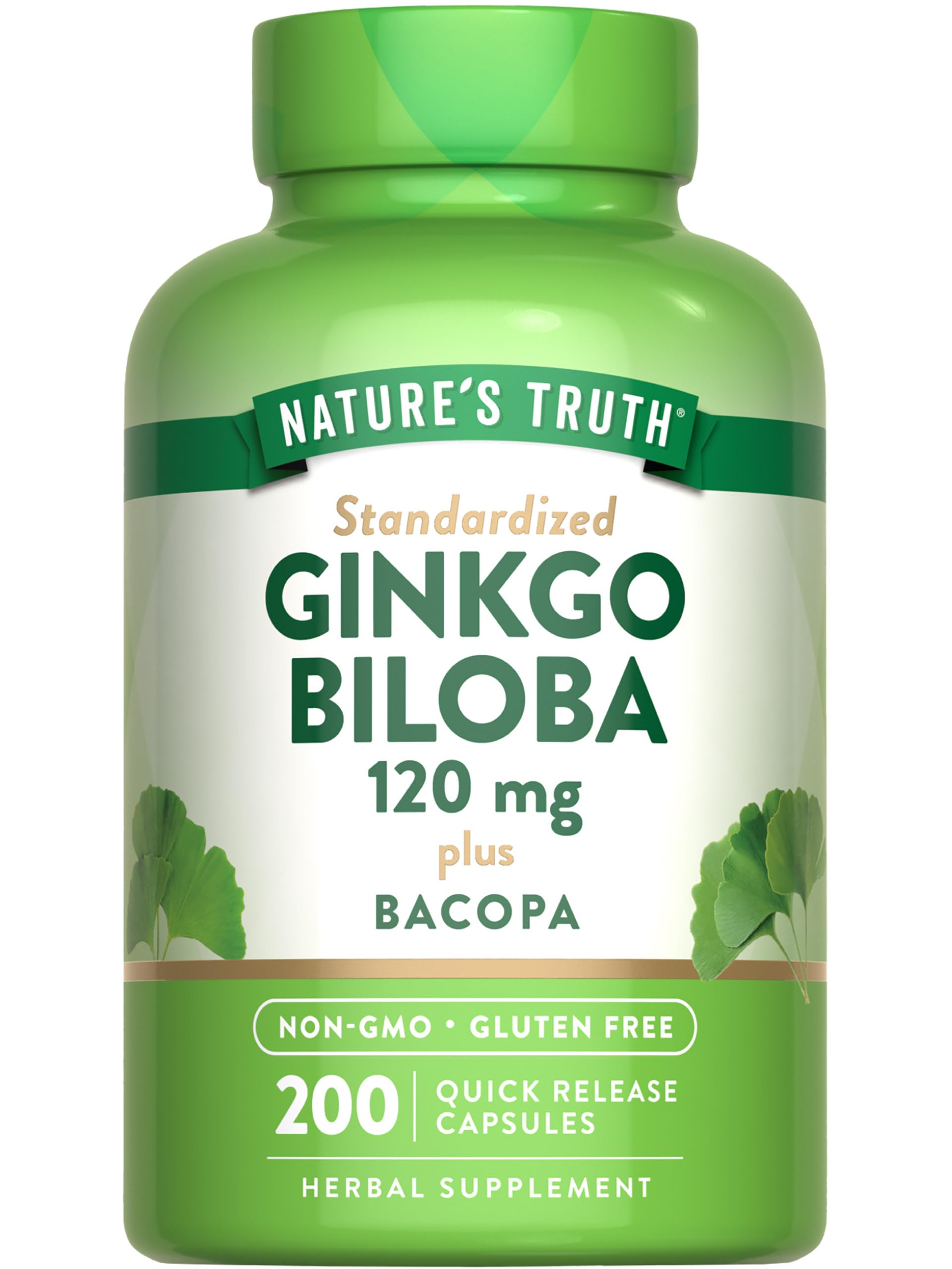 Nature's Truth Ginkgo Biloba 120mg | Plus Bacopa | 200 kiirvabastuskapslid | Standardiseeritud ekstrakt | Mitte-GMO ja gluteenivaba toidulisand