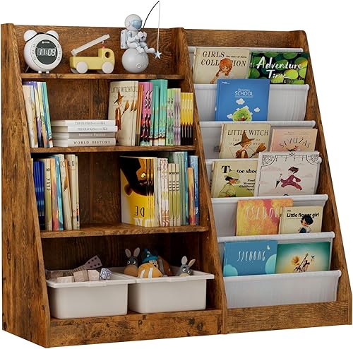 Miniatura 52 de Estantería de madera rosa de 4 niveles para niños, estantería de 5 capas, estante para libros de almacenamiento para bebés, organizador de juguetes