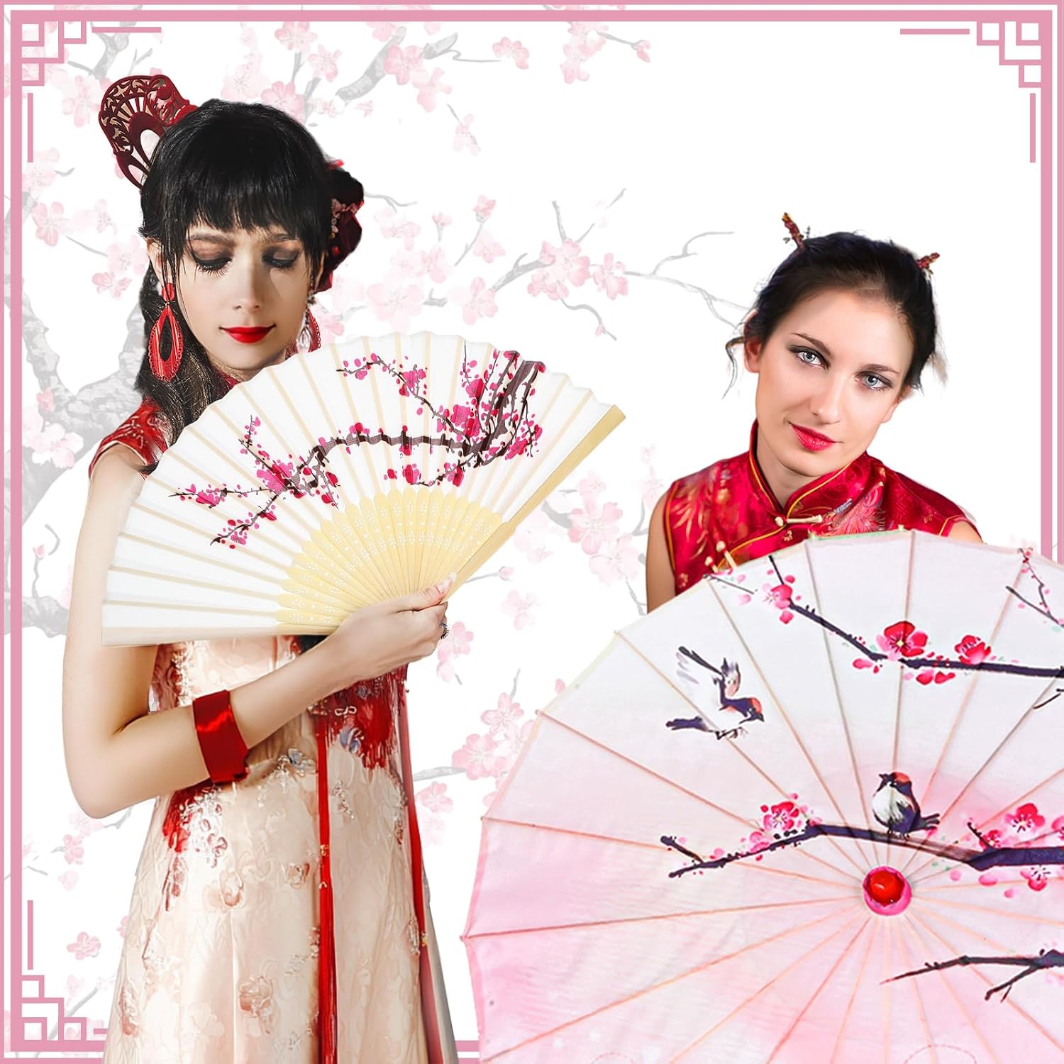 Xuniea 2 Pcs Cherry Blossom Decor Set Blue Floral Umbrella Fan,Pink Flower