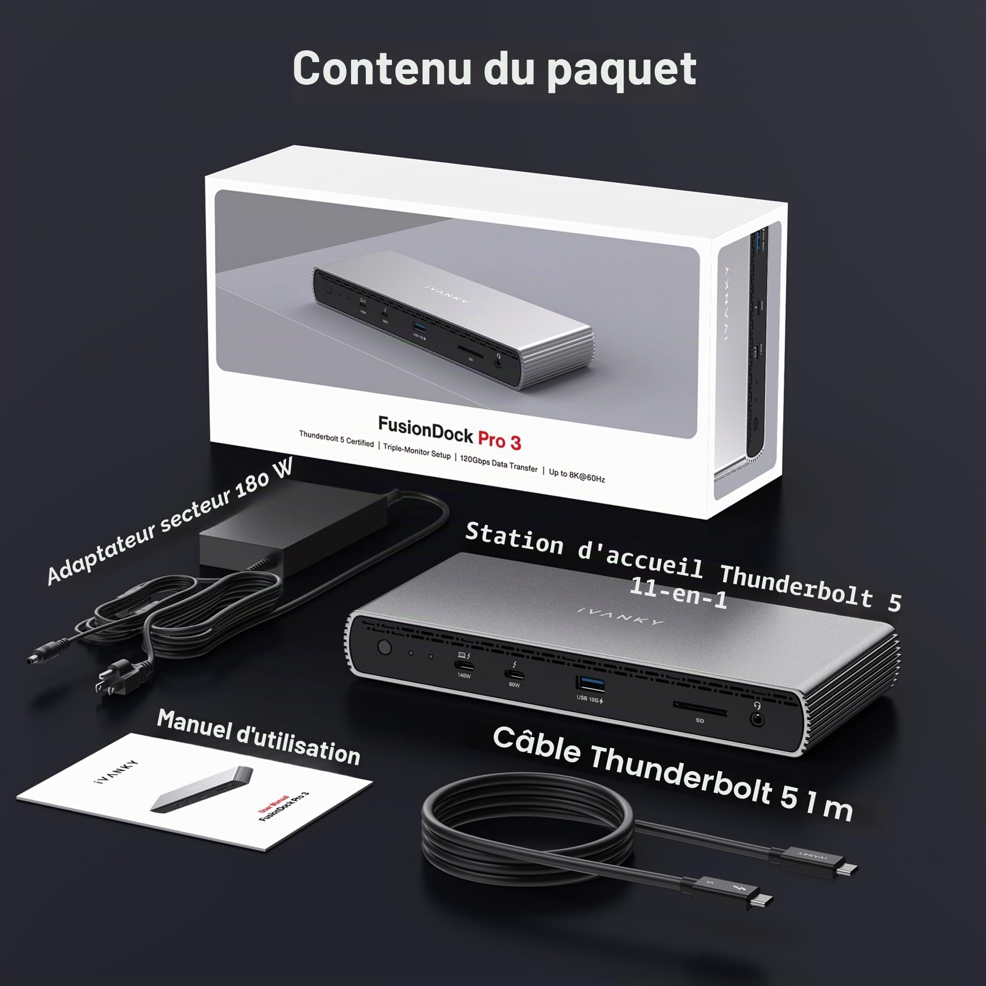 iVANKY Station d'accueil Thunderbolt 5 Dock Certifiée Intel, FusionDock Pro 3 Double 6K@60Hz pour MacBook M1/M2/M3/M4/M5 Pro/Max, Double 8K pour Windows TB5, Alimentation 180W, 120Gbps, 2.5GbE