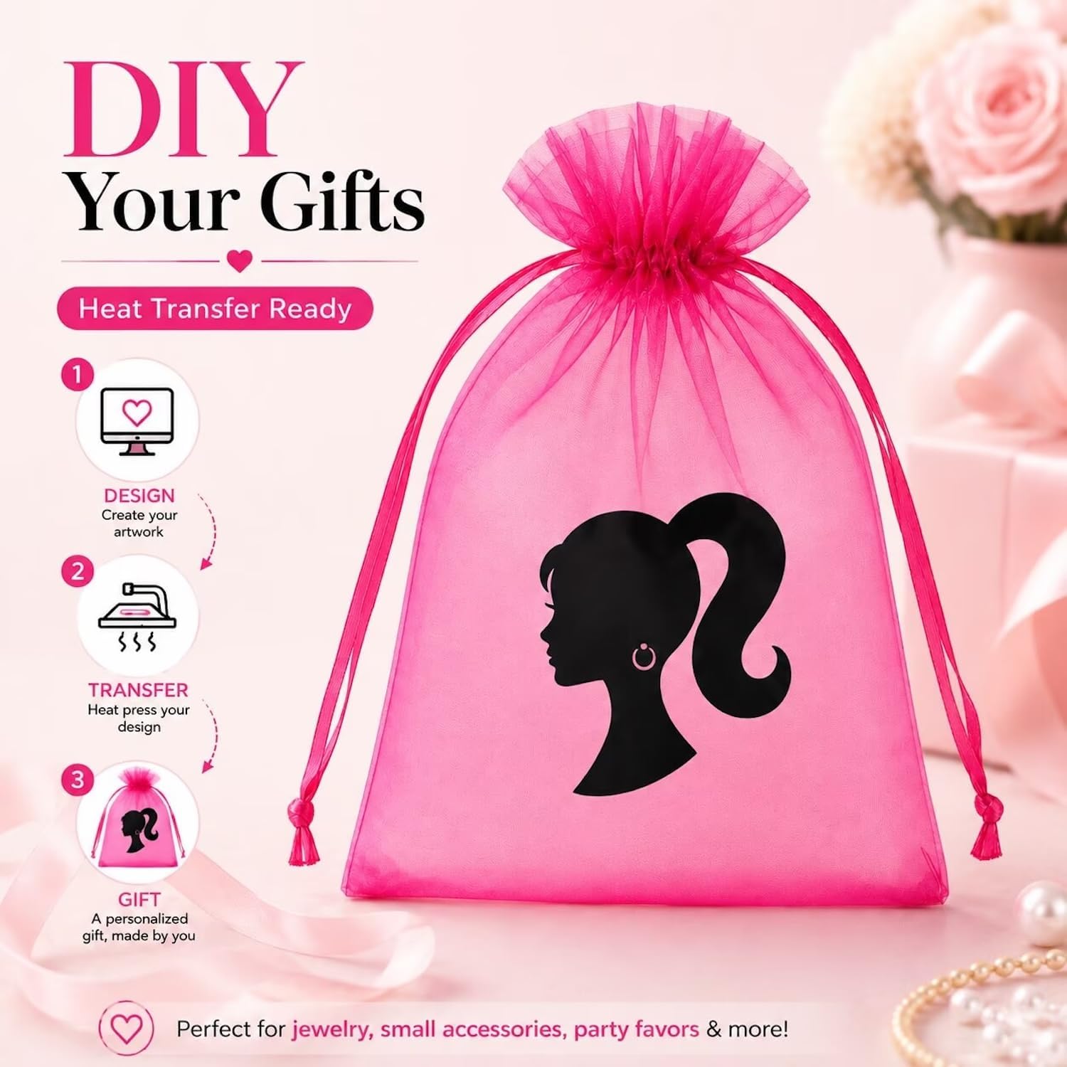 Jexila 100 Pack Hot Pink Organza Gift Bags 4X6 Small Mesh Drawstring Pouch image 2