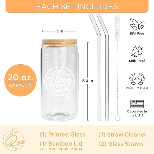 Miniatura 2 de Regalos de cumpleaños número 80 para mujeres, vaso de soda vintage de 1944 de 20 onzas con tapa de bambú y juego de popote de vidrio, regalo