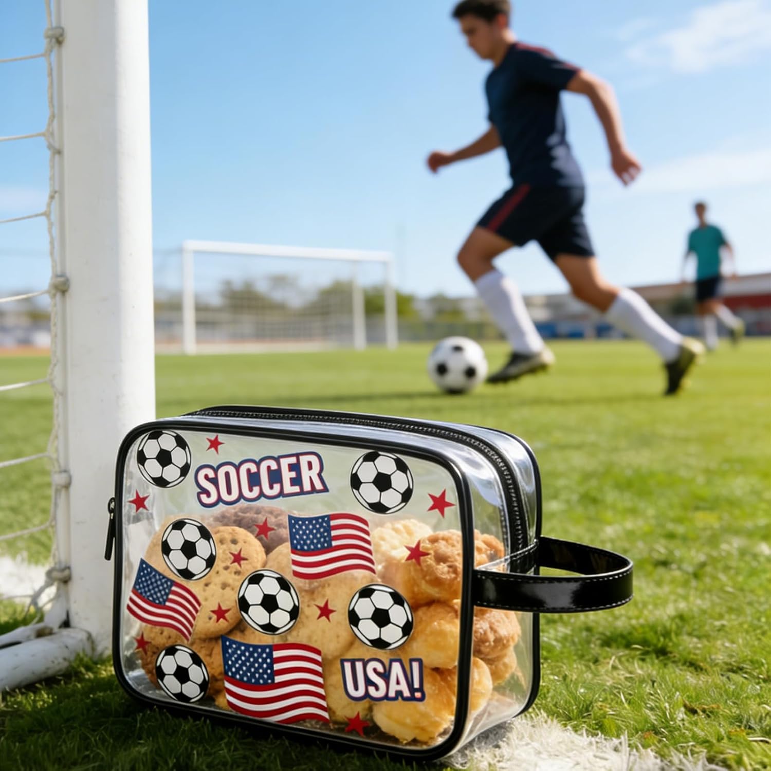 12 Pcs Soccer Goodie Bags, Clear PVC Snack and Soccer Makeup Bags with Printed USA Flag, Waterproof Zipper Pouches, Ideal for Game Day, Team Gifts & Party Favors