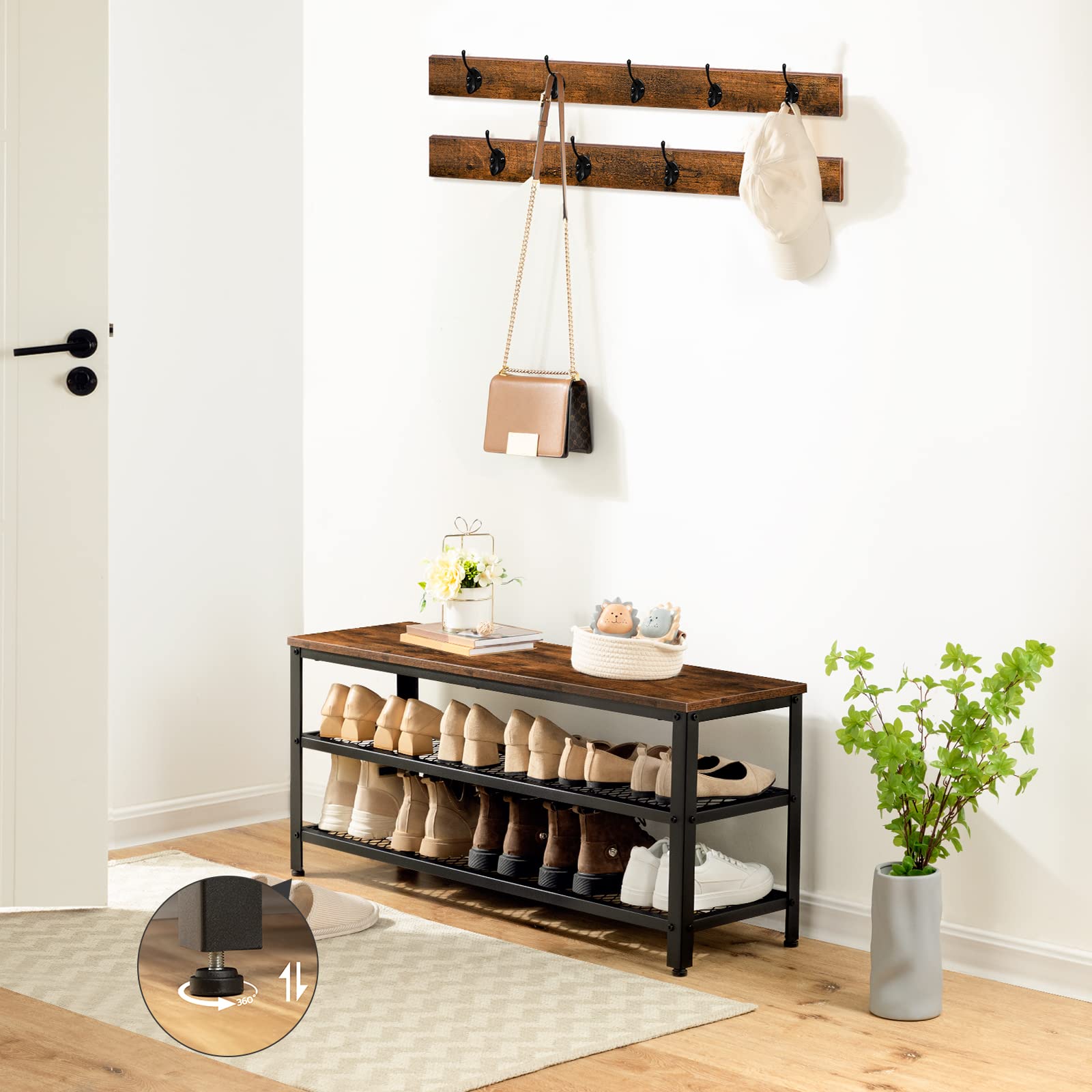 HOOBRO Garderobe Schuhregal Set, 100cm Garderobenständer mit Sitzbank, Schuhbank mit Sitzfläche, 9 Haken, Industriestil, Metallrahmen, für Flur, Eingangsbereich, Dunkelbraun-Schwarz EBF171MT01