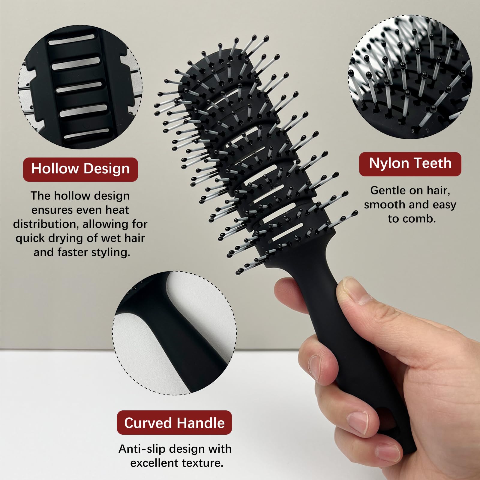 Cepillo de pelo negro ventilado – Cepillo antiestático, desenredante y masajeador del cuero cabelludo para cabello rizado, liso y corto, para hombres y mujeres, secado más rápido