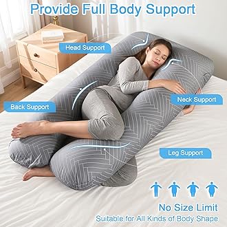 SHANNA Pregnancy Pillow for Sleeping, Baby Nursing Pillow U-Shape, 100% Cotton Maternity and Side Body Pillows with Removable and Washable Pillowcase, 145 x 70 cm(Grey Striped)