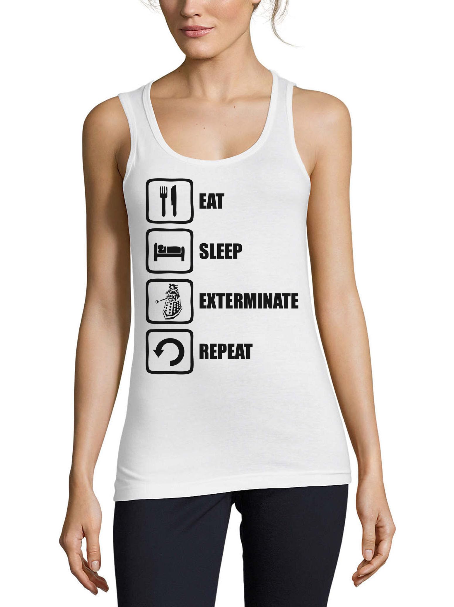 Camiseta sin mangas de algodón blanca Atspauda para mujer diseño Eat Sleep Exterminate Repeat 3