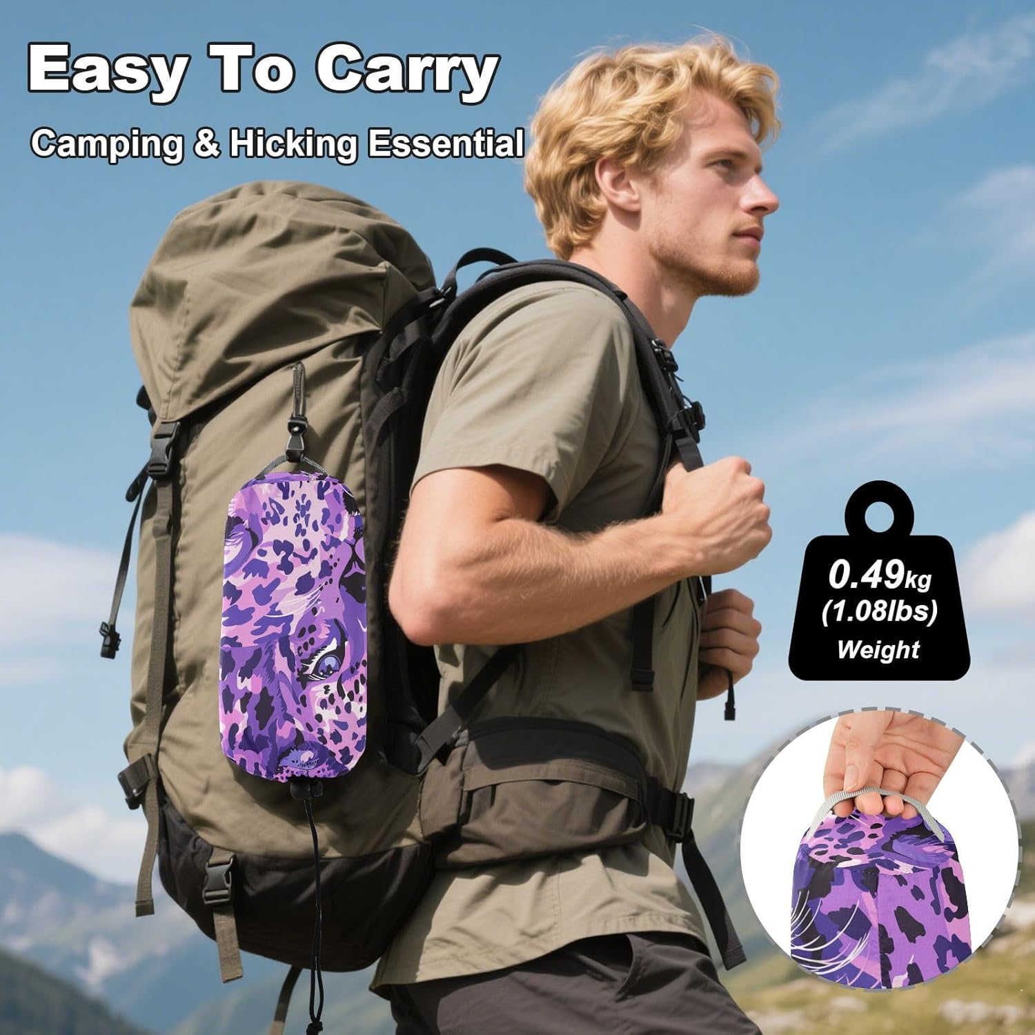 ALAZA Purple Leopard Print Camping Hammocks Single or 2 Person 500 lbs Portable Parachute Travel Hammock w/Tree Straps for Hiking Backpacking Indoor Outdoor